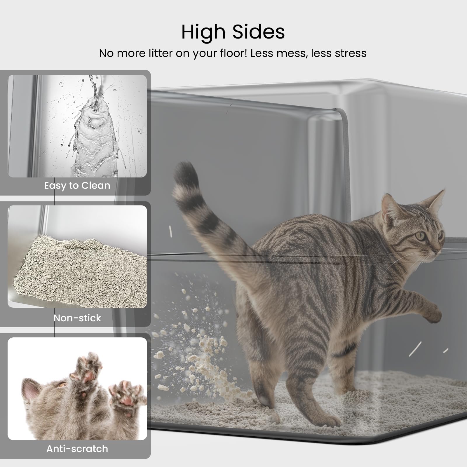 Enclosed Stainless Steel Cat Litter Box with Lid, XL Leak-Proof Metal Litter Box for Big Cats, Extra Large Cat Toilet with High Side, Press-Fit Design, Non-Stick, Odor-Free, with Litter Mat & Scoop - image 4