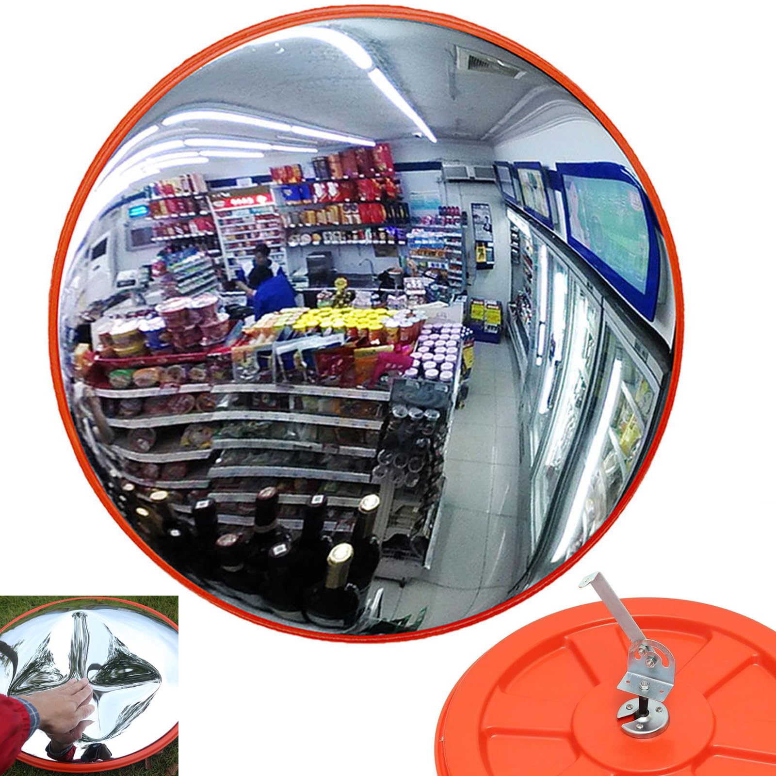 Specchio convesso di sicurezza stradale, diametro 45 cm, ampio angolo di vista, specchio di traffico infrangibile arancione per monitoraggio di sicurezza degli angoli ciechi con staffa di fissaggio a