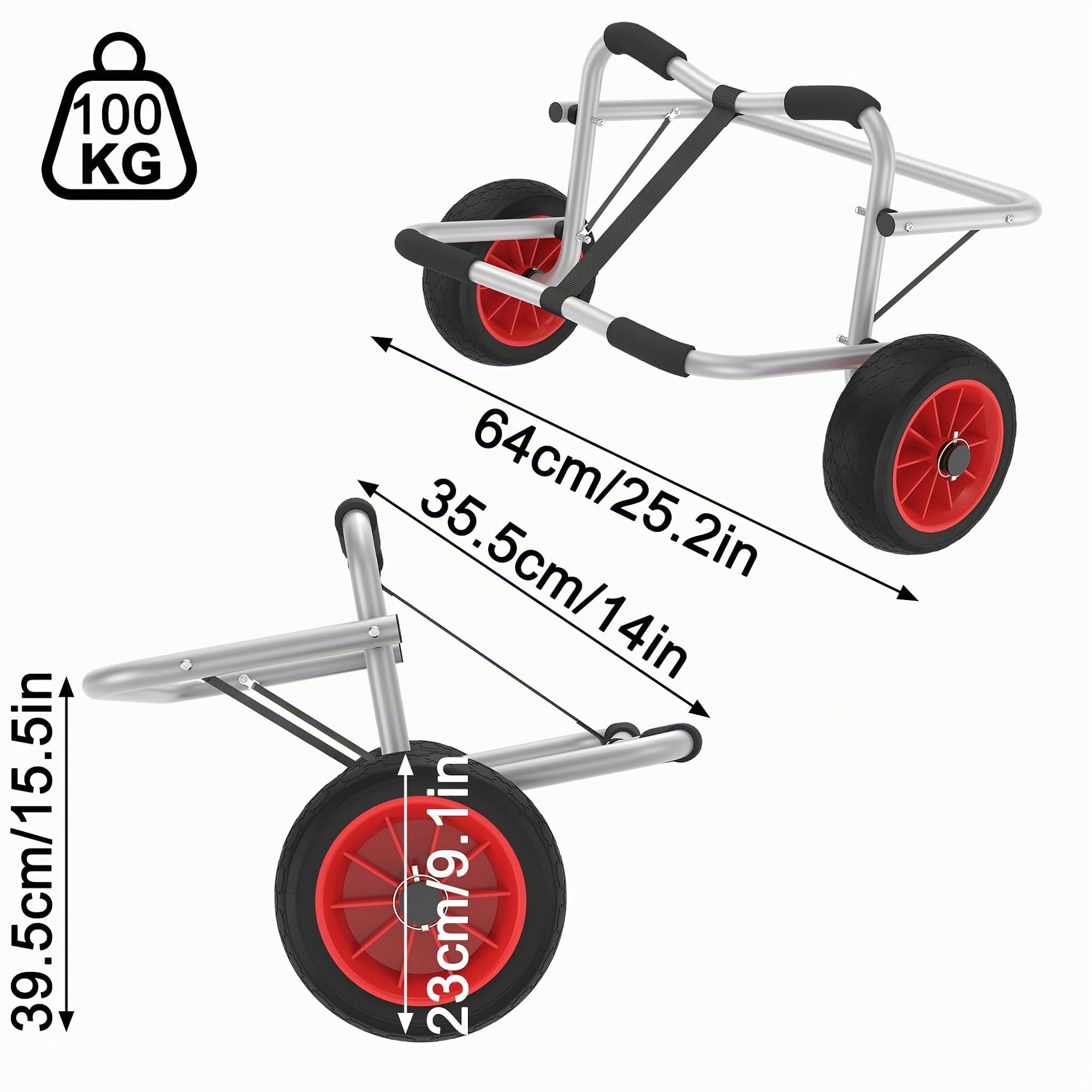 UISEBRT Carro para kayak plegable Carro para canoa plegable con capacidad de carga de hasta 100 kg con 3m de correas Cinturones de transporte de aluminio para SUP Carro para bote neumático, canoa