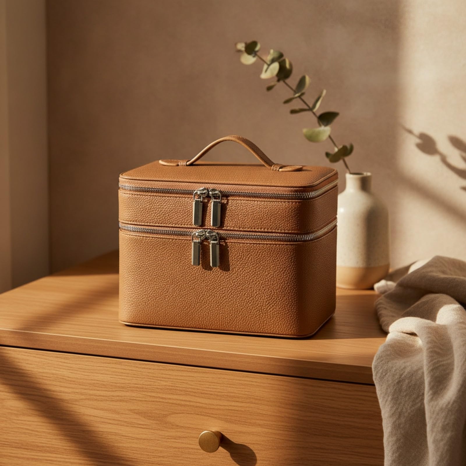 TISHITA Bolsa Cosméticos Portátil | PU grabado, Estuche Maquillaje Rectangular, Bolsa Maquillaje con Doble Capa, para Viajes, Baño, Viajeros, Marrón Oscuro