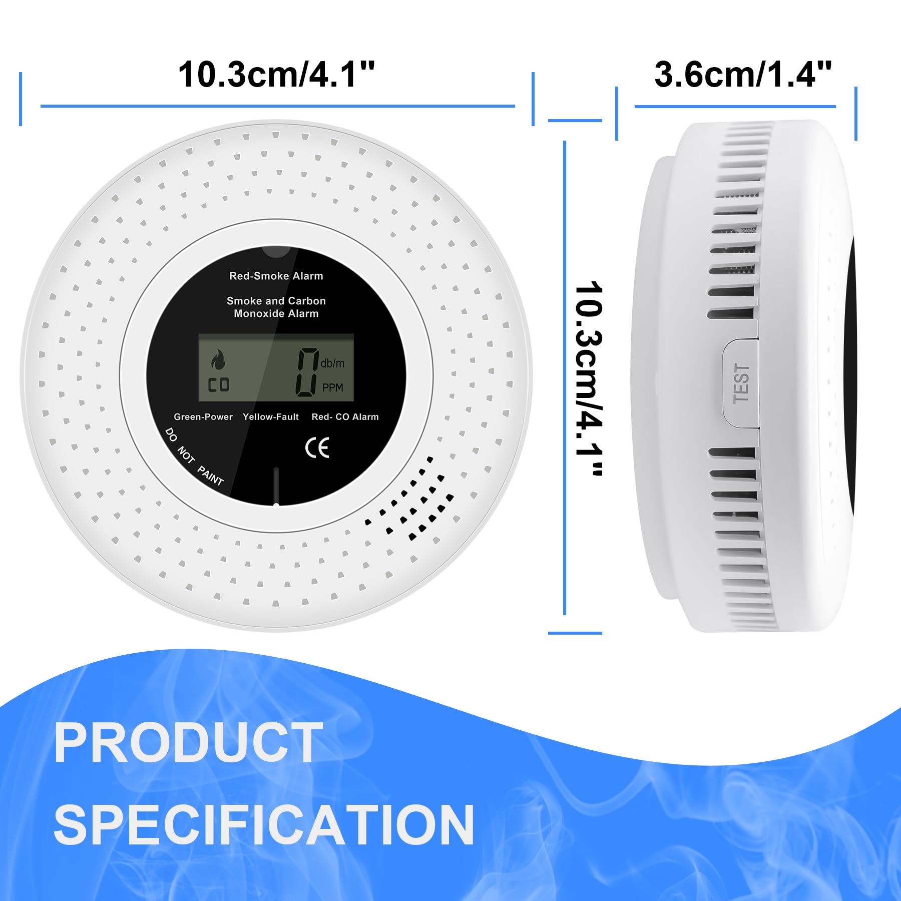 Alarma inalámbrica interconectada de humo y monóxido de carbono, alarmas de humo y detectores de monóxido de carbono con pantalla LCD en tiempo real, 10 años de vida, funciona con pilas, 3