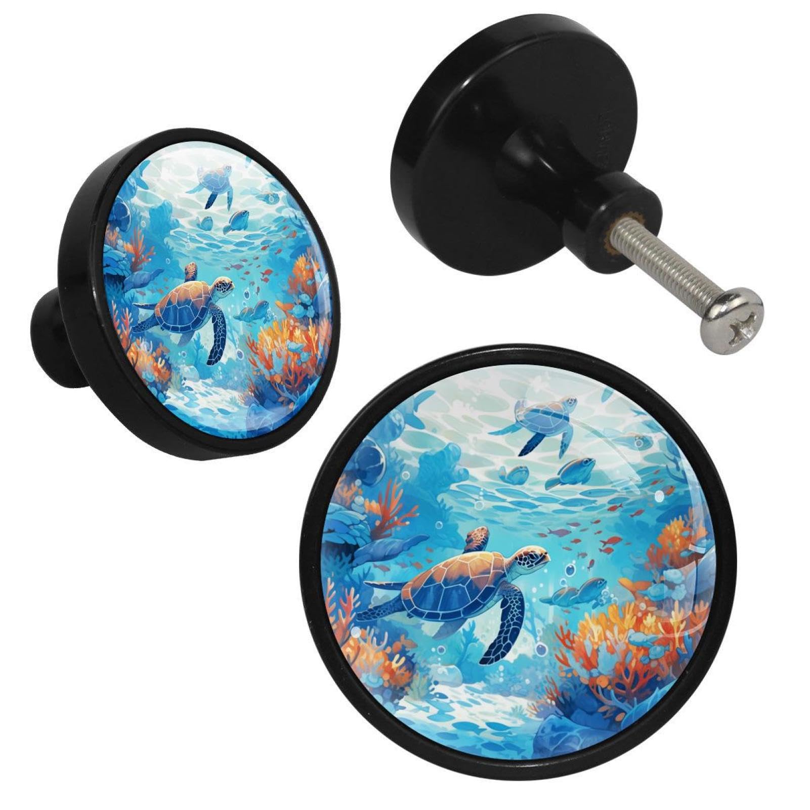 NUEAHEDN 4 Pieces Dresser Knobs for Drawer Turtle Art Kitchen Cabinet Knobs Round Door Pull Handle for Home Nursery Furniture Cupboard