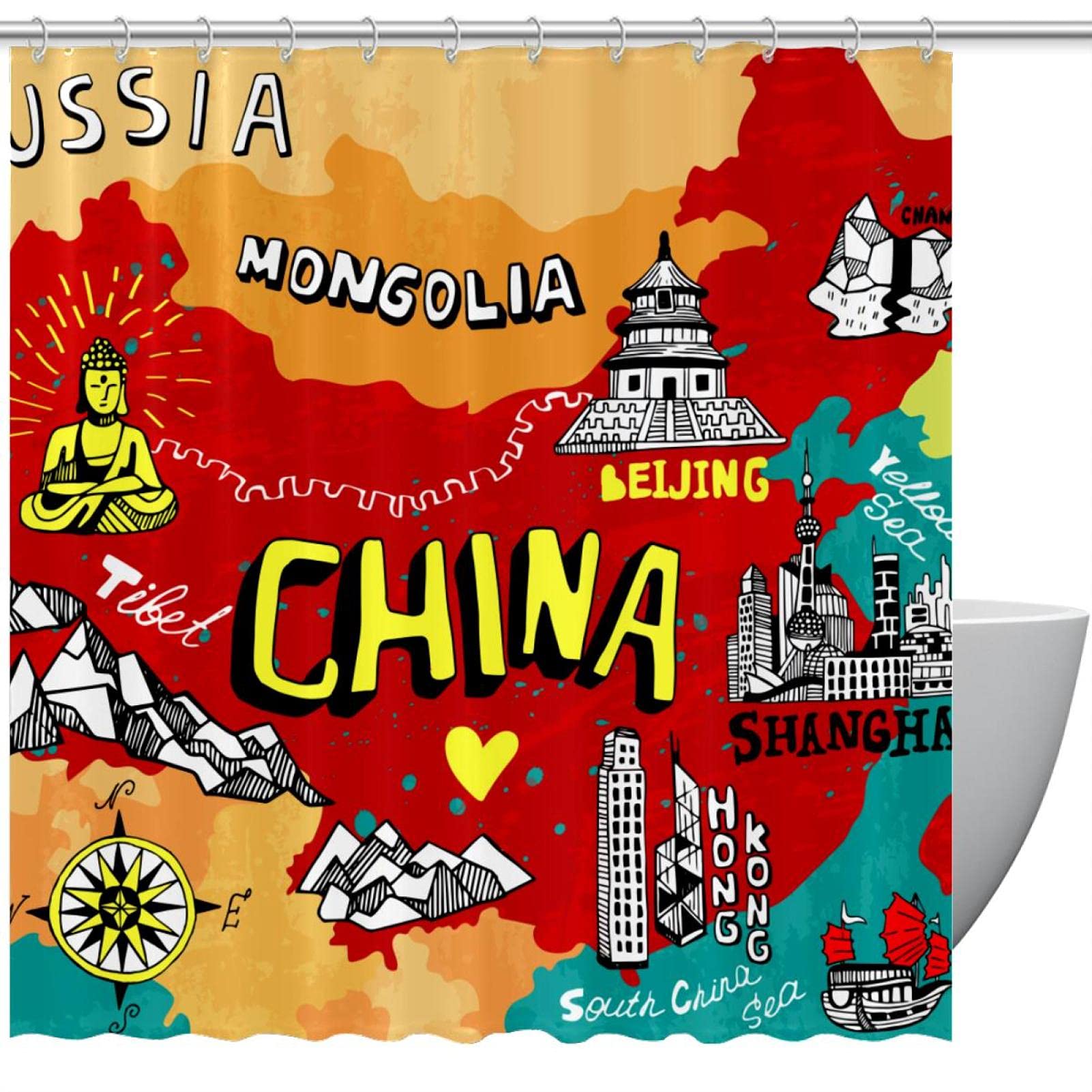 Rideau de douche carte de la Chine pour amateurs de géographie