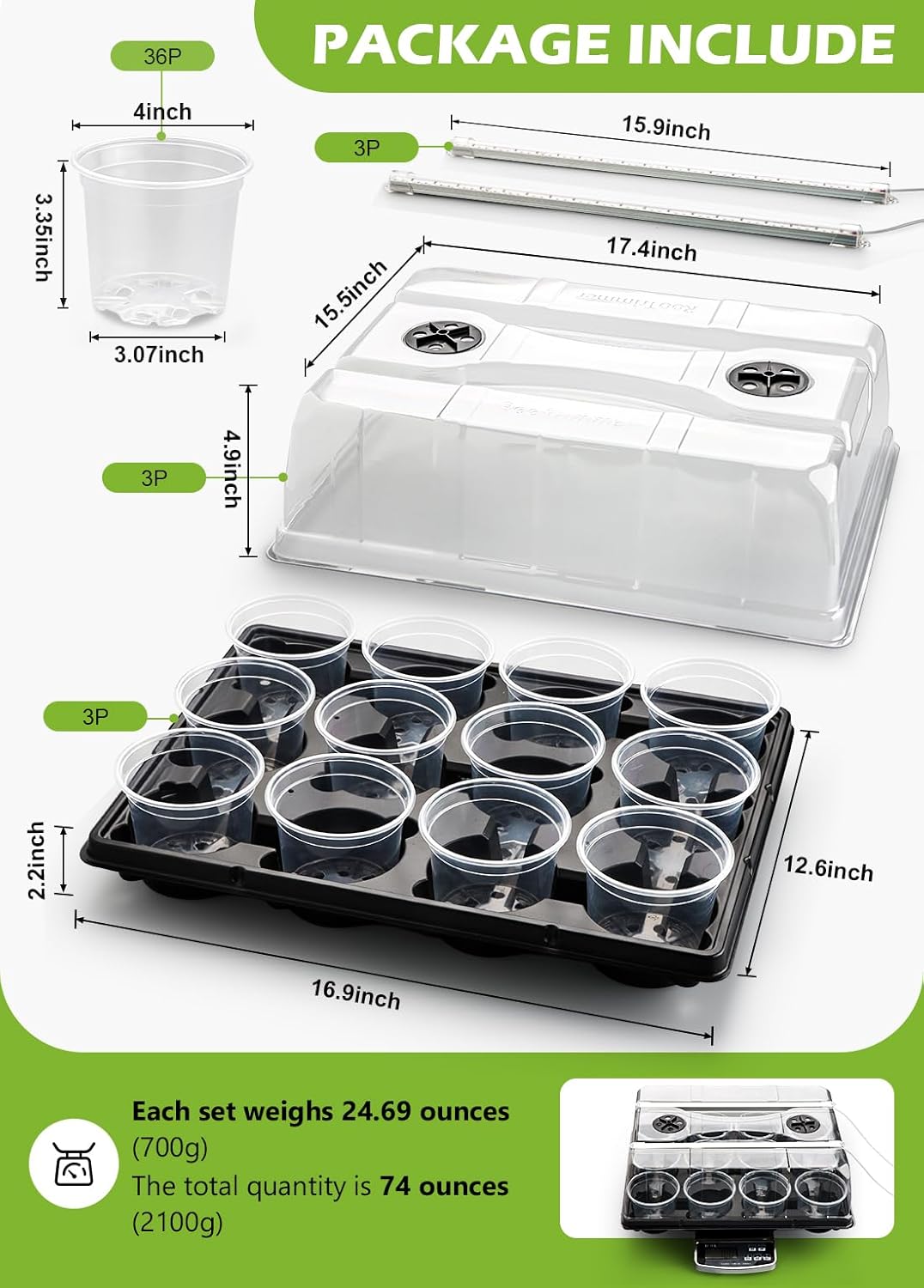 3 Pack 12 Cell Seed Starting Trays with Clear Domes and Growing Lights & 4 Inch Clear Seedling Pots 36 Pack, Plant Nursery Faster Propagation Kit 3 Sets for Seeds Vegetables Herbs