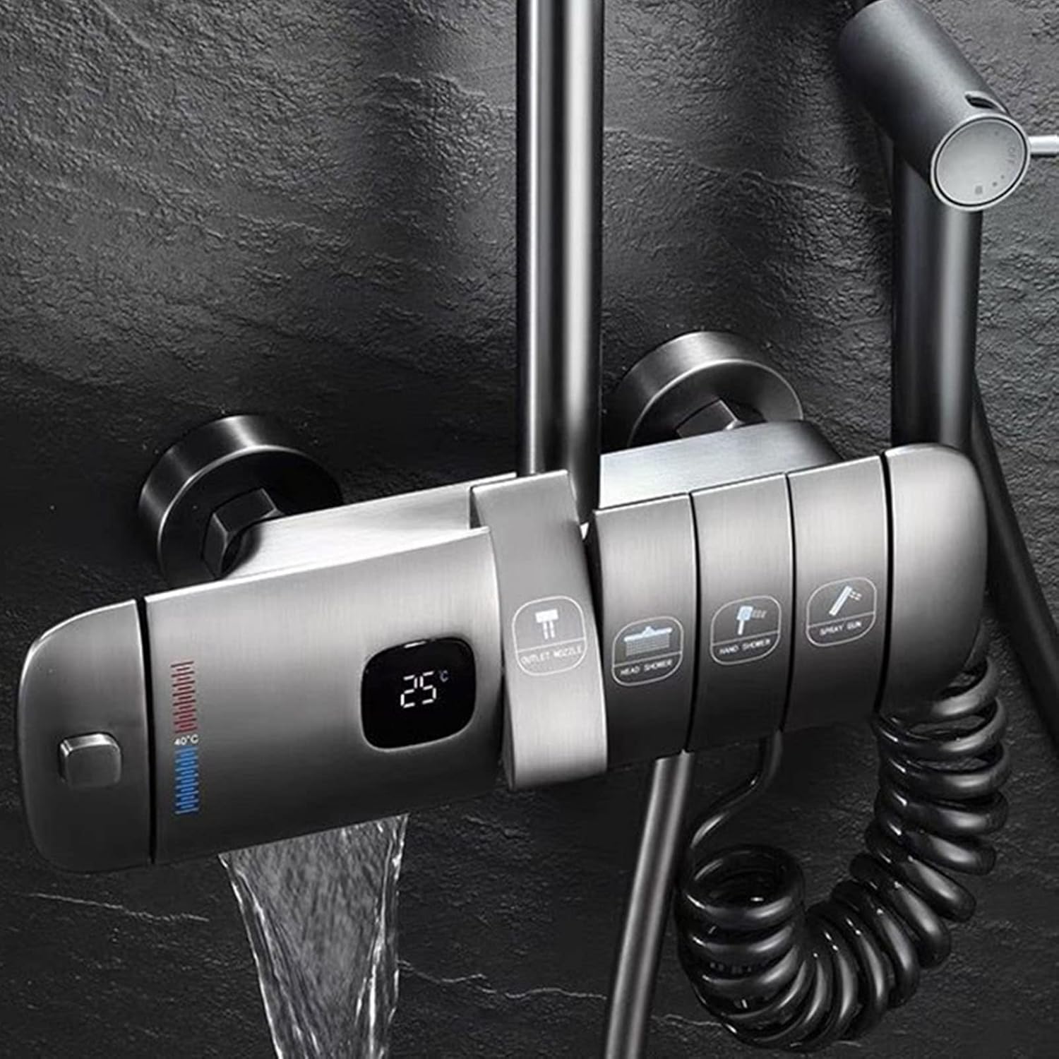 Thermostatic Shower Suit Piano Key, Exposed Shower Faucet Set 4 Functions, Temperature Display Bathtub Shower Faucet Modern, Waterfall Tub Spout, Bidet Sprayer,Gun Grey