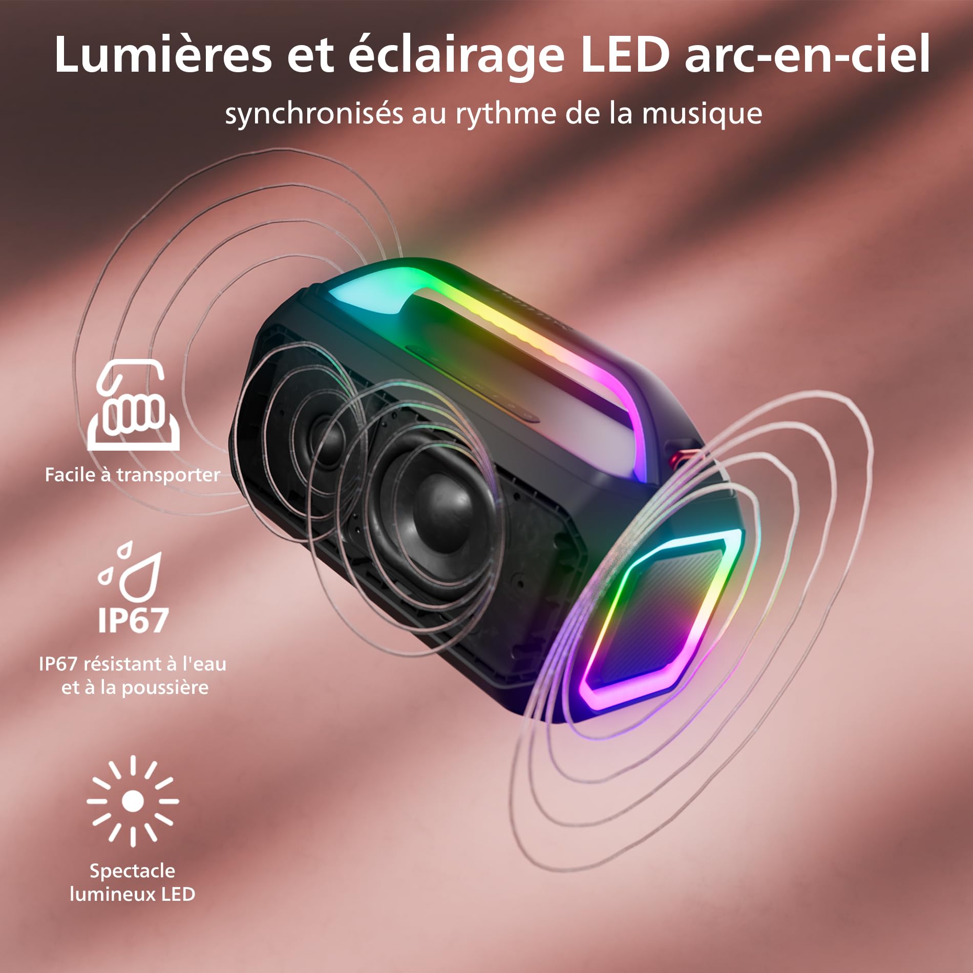 PHILIPS TAS7000EB Enceinte sans Fil Bluetooth avec Puissance maximale de 100W, Bass+, éclairage LED, Auracast, IP67, 24 Heures d’autonomie, entrée Micro, Batterie remplaçable – Noire