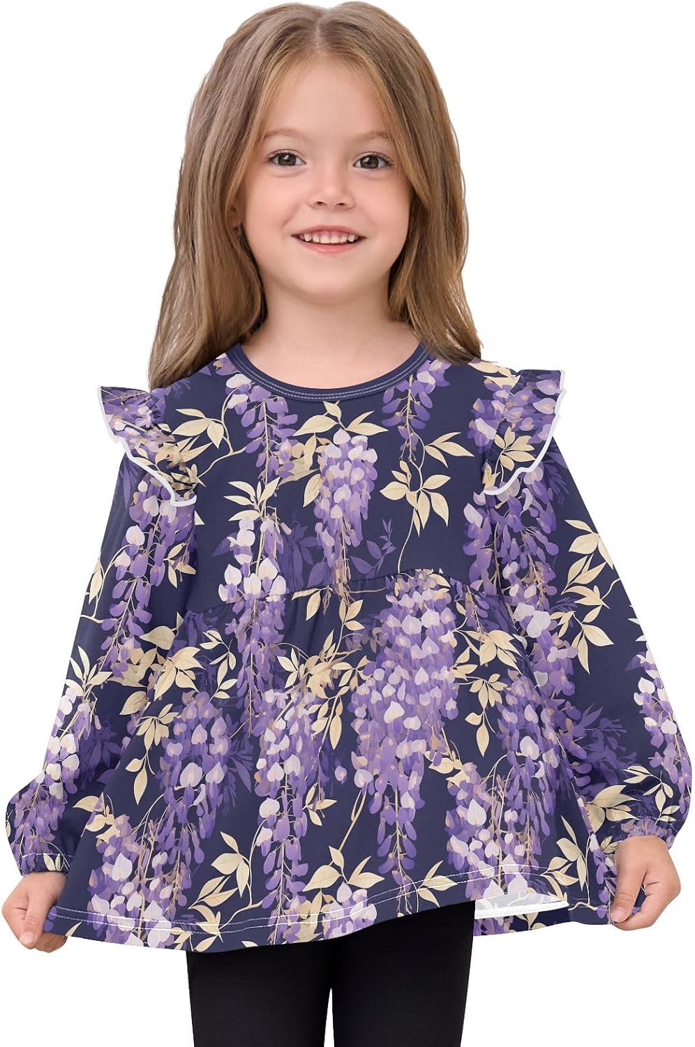visesunny Toddler Clothes for Girls Soft Violet Flower Long Sleeve Fall Shirts Cotton Top with Ruffle Collar
