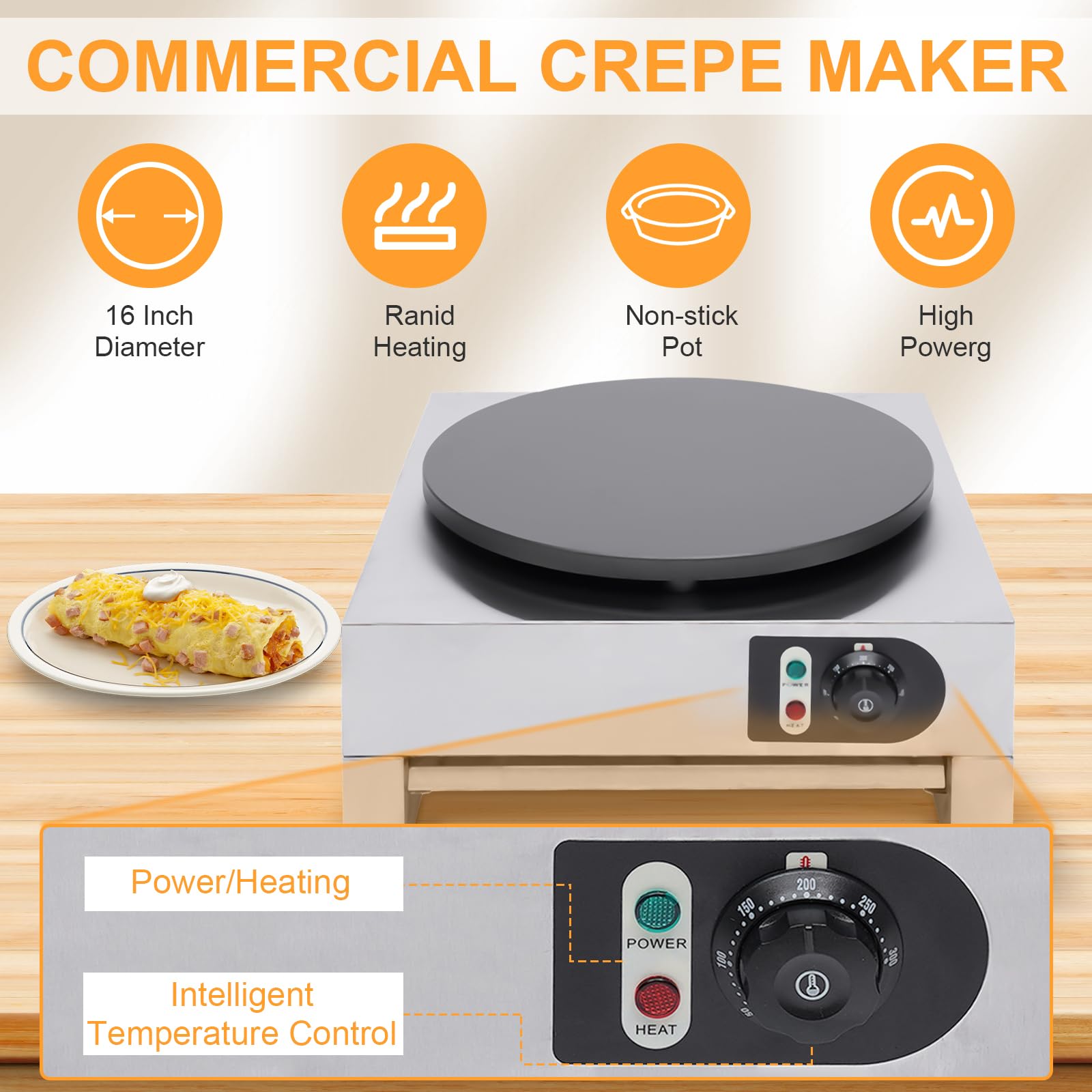 Commercial Electric Crepe Maker, 16 Inch Non-Stick 3000W Electric Crepe Machine, Electric Pancake Maker Machine Adjustable Temperature Control, Stainless Steel Cooking Base