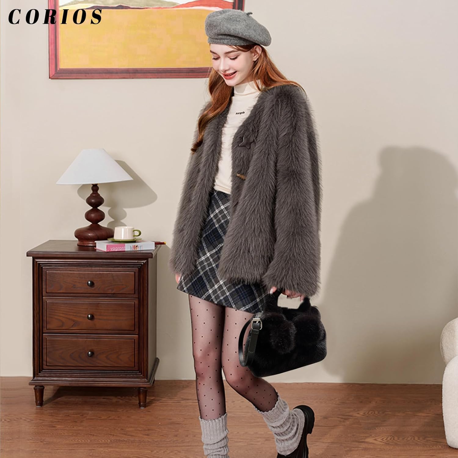CORIOS Soft Plush Shoulder Bag for Women Fluffy Handbag Cute Fuzzy Crossbody Bag Furry Top Handle Bag Elegant Satchel Bag