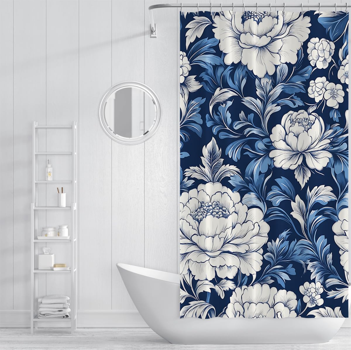 Elegante botanische Kunst Badevorhang Traditioneller orientalischer Ästhetik Badezimmerdekoration Blau-Weiß Blumenmuster Duschvorhang 200 x 240 cm