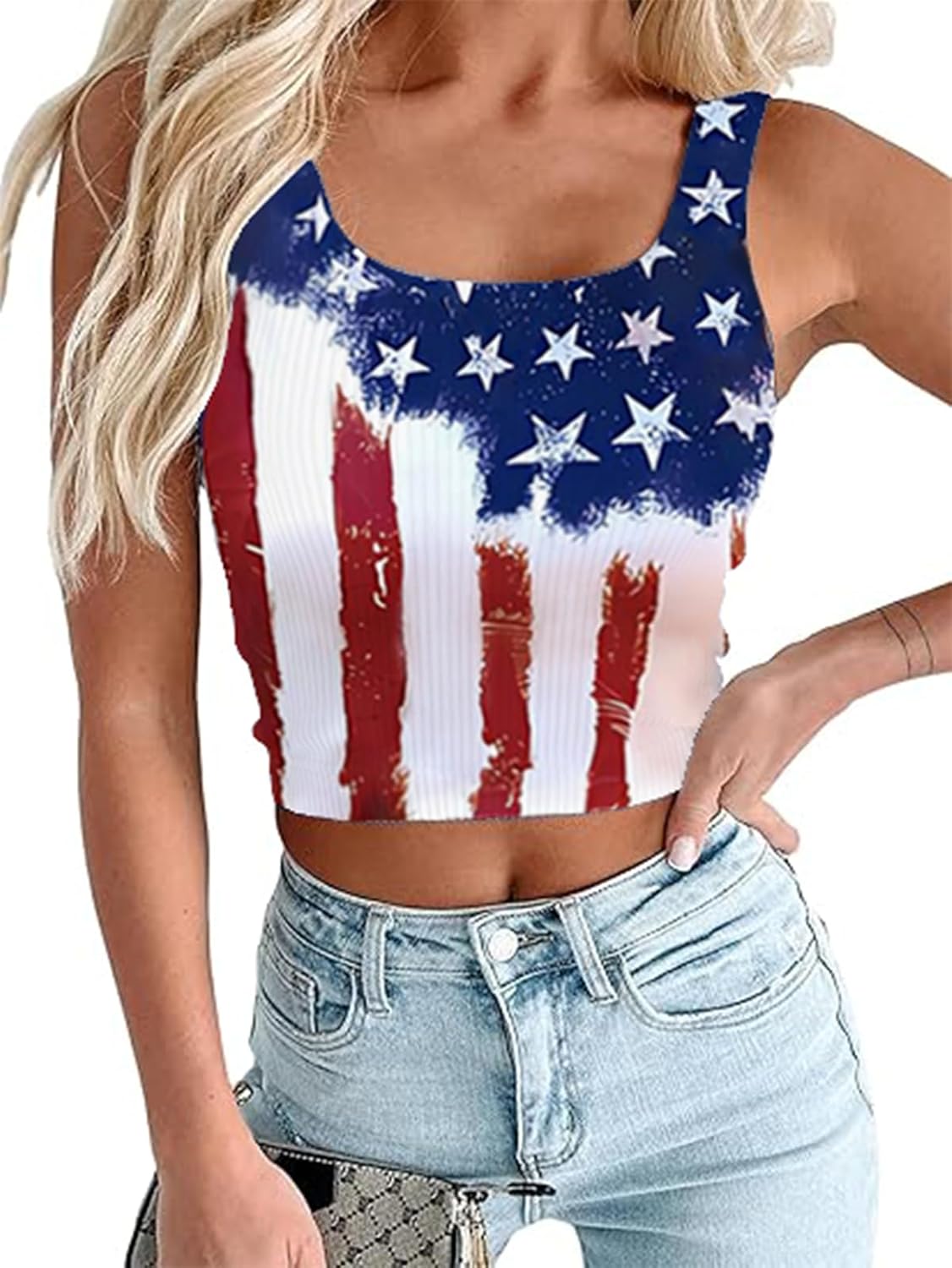 American Flag Crop Tank Tops Women Patriotic 4th of July USA Flag Sleeveless T Shirt Summer Tee Tops