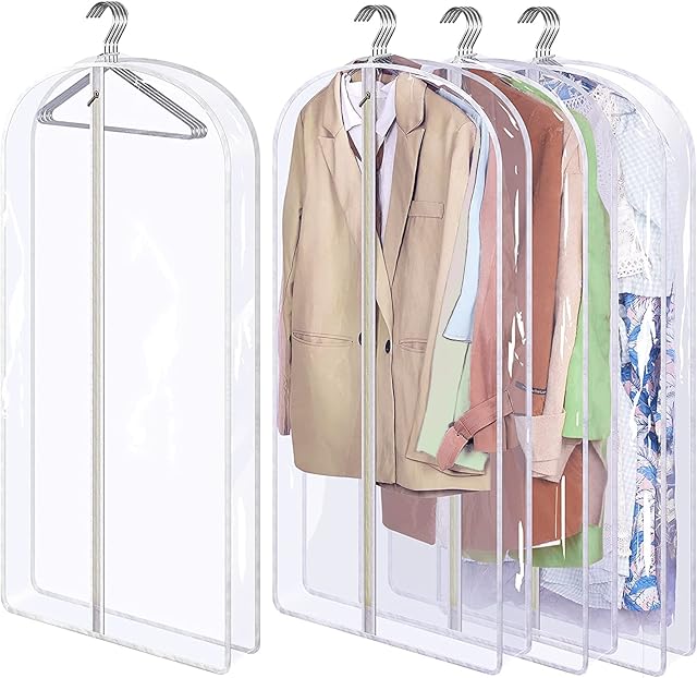 MISSLO 40" Clear Garment Bags for Hanging Clothes Transparent Suit Bags for Dress Jackets Coat Clothes Covers Protector Wardrobe Storage, 4 Packs