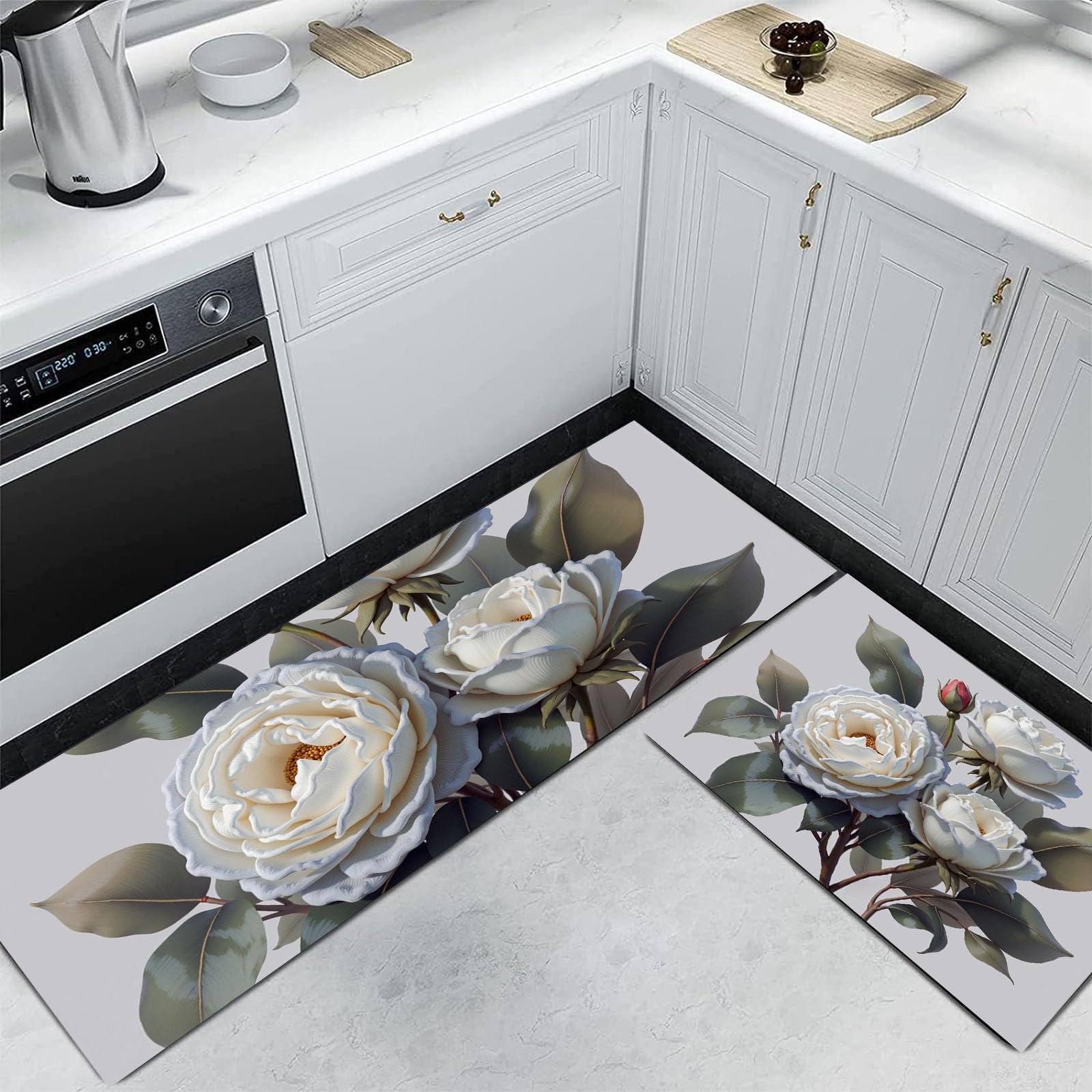 Tapis de cuisine long pour couloir et bureau debout décor fleurs roses blanches