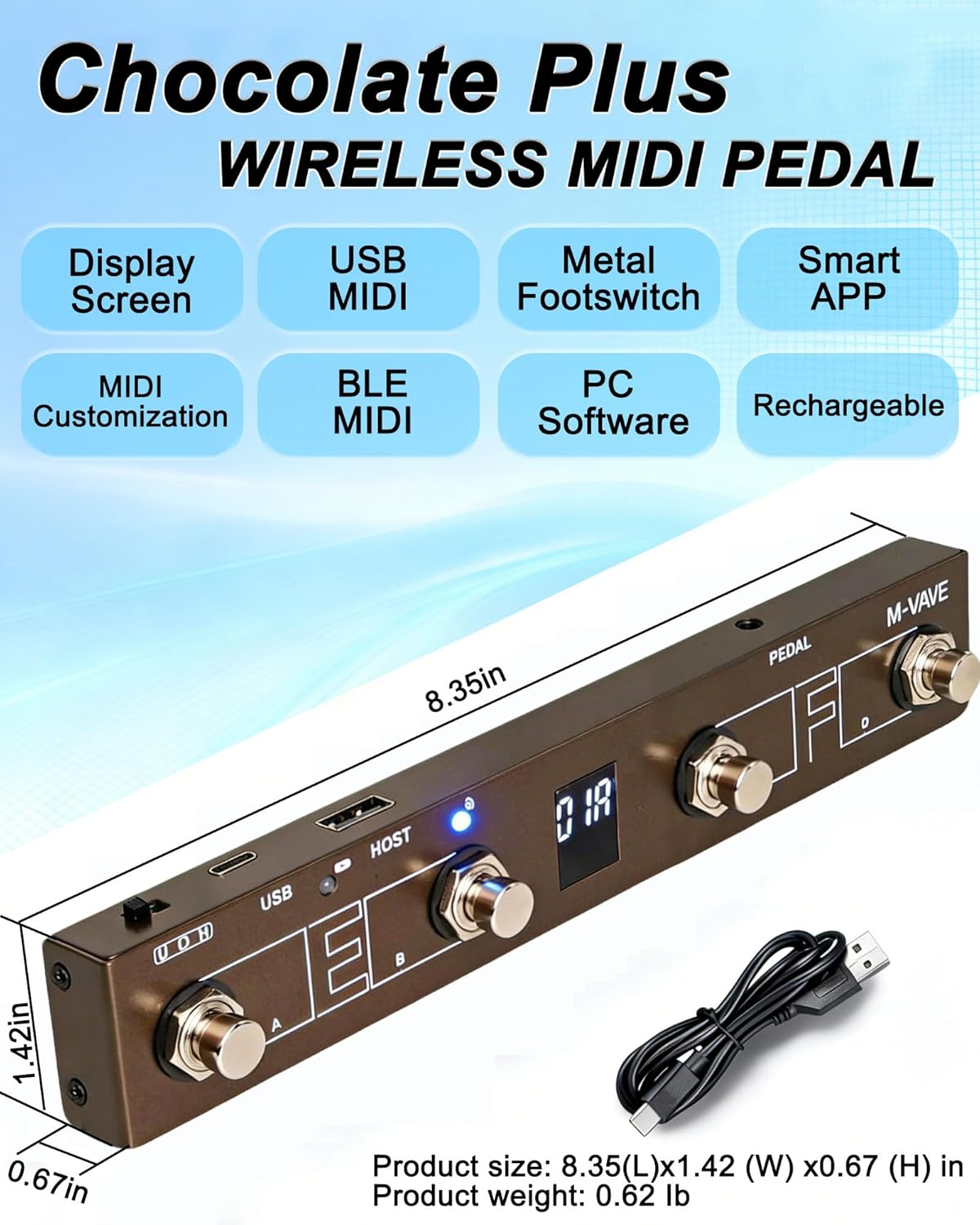 M-VAVE Chocolate Plus Wireless MIDI Foot Controller – Portable Rechargeable 4 Button Wireless MIDI Controller for Loop Pedal, Tuner, and Switching Control