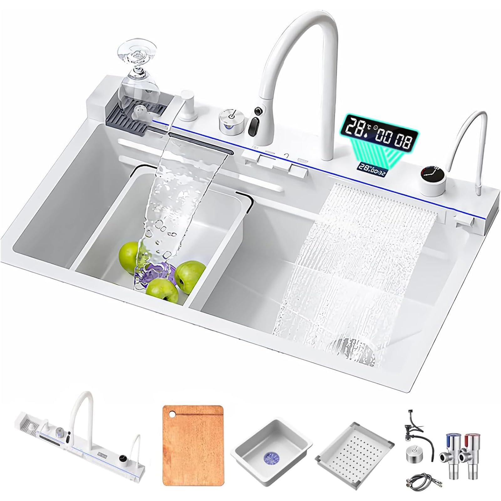 ZQFHSX Multifunctional Kitchen Sink with Digital Display Waterfall Faucet Glass Washer & Soap Dispenser Table Control Modern White Design (85x46x21CM)