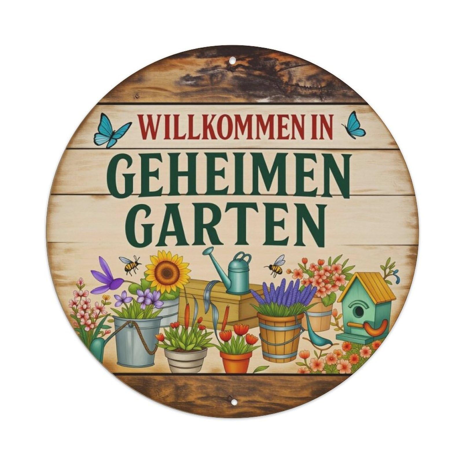 Farm Floral Secret Garden German Welcome Round Decor Sign Vintage Aluminium Metal Sign, Retro Wall Decor for Home, Bar, Garage & Farmhouse 20x20cm