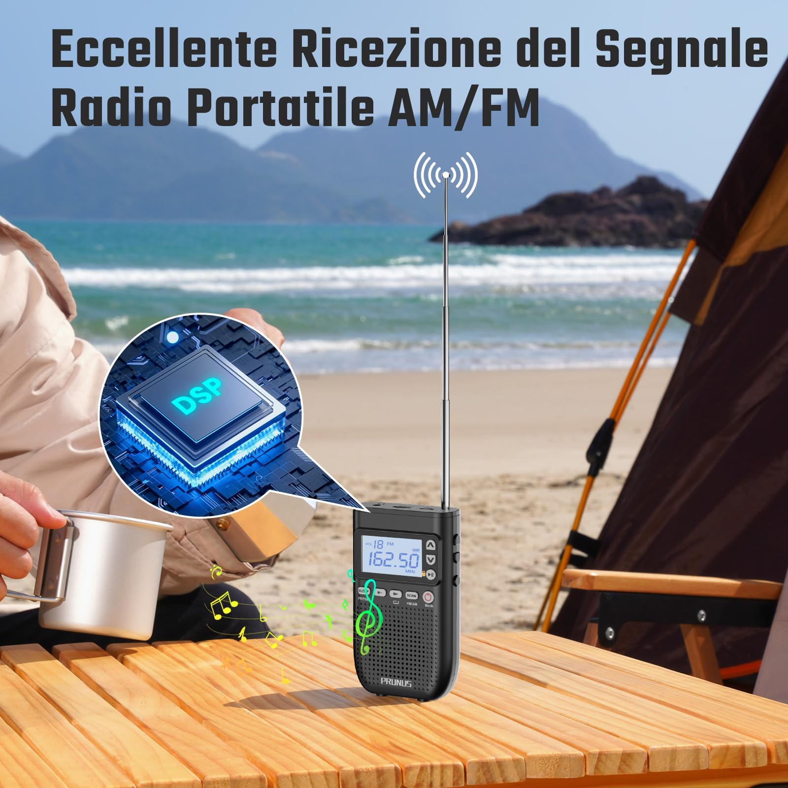 PRUNUS J-618 Radio Portatile AM/FM Bluetooth 2000 mAh Ricaricabile Digitale con Jack Cuffie e Slot TF