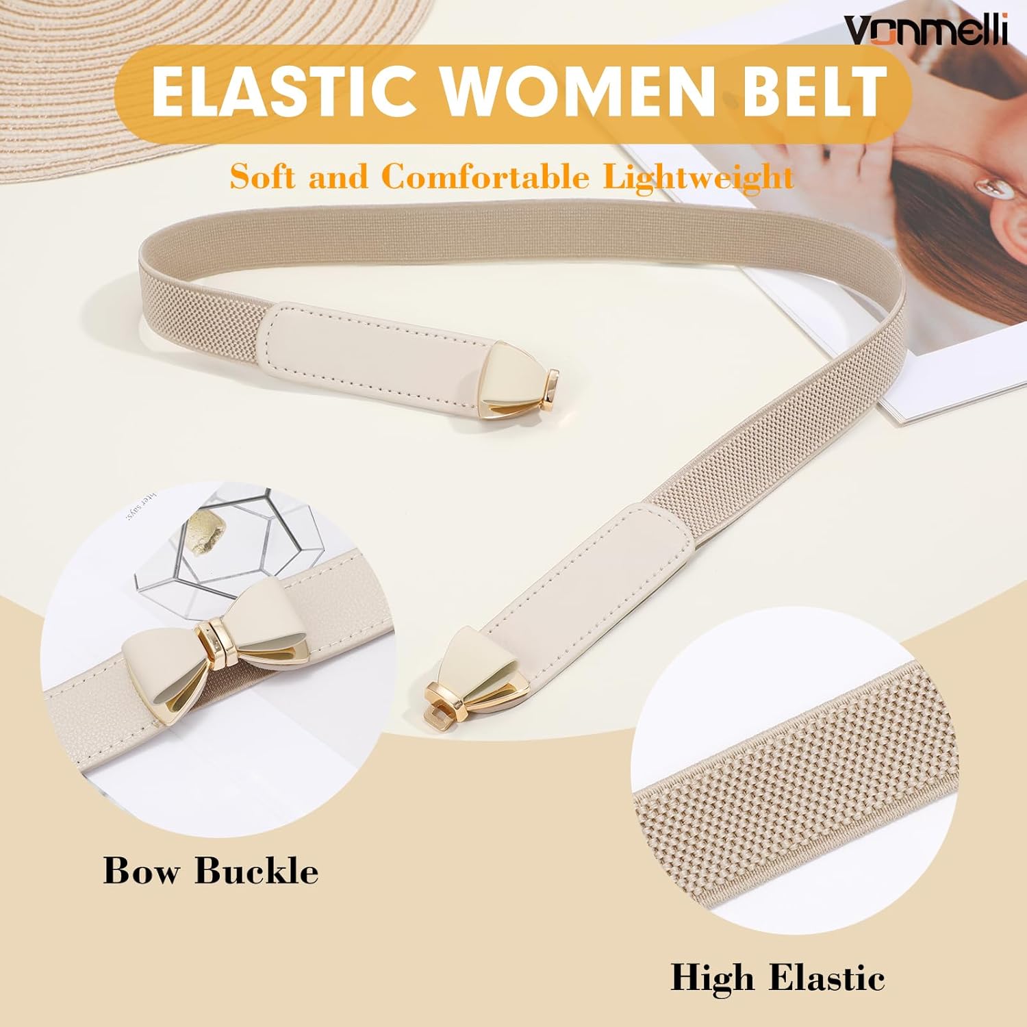 VONMELLI Womens Skinny Elastic Belt Stretchy Bow Belt for Women Dresses Thin Waist Ladies Belts - Image 3