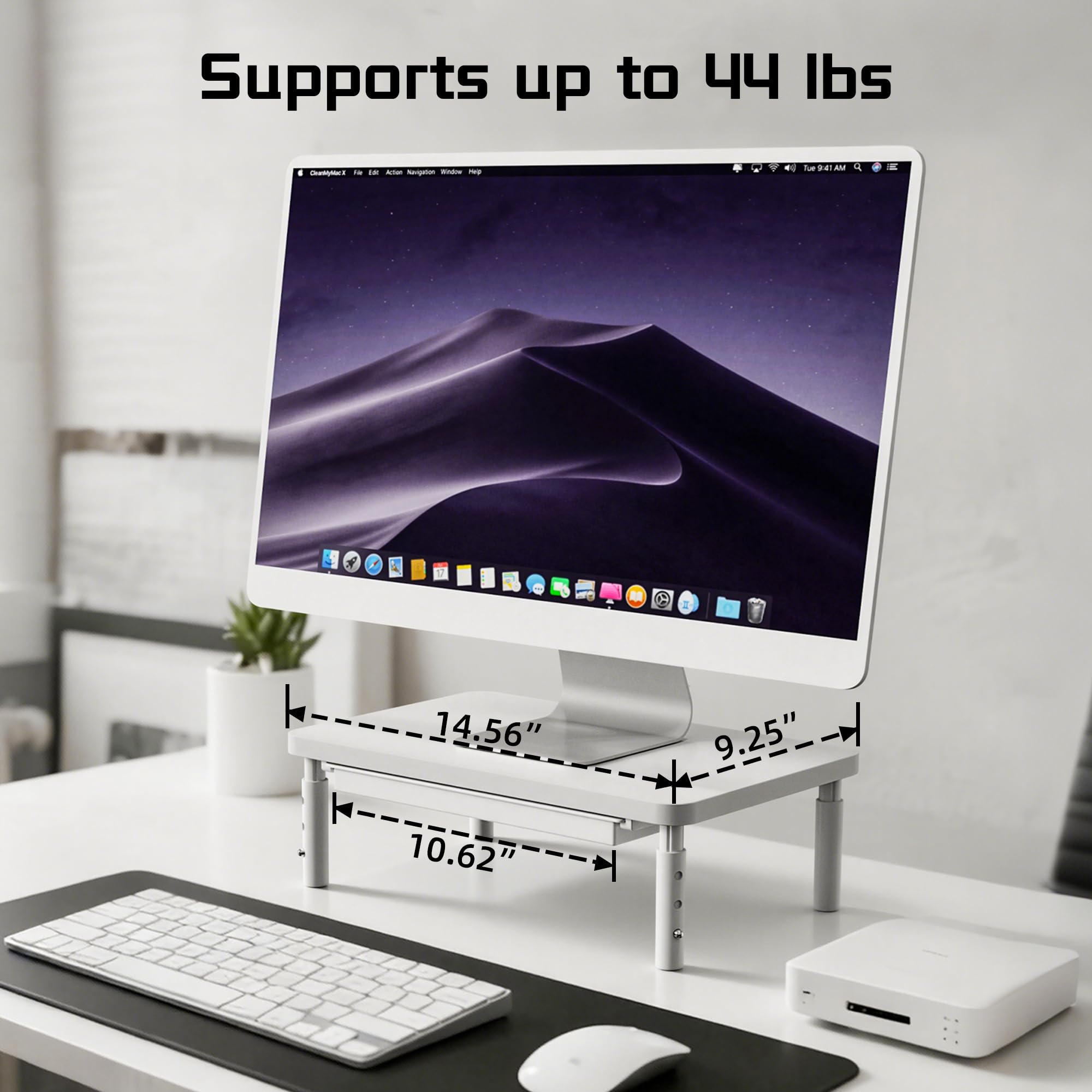 ETHU Supporto per monitor con cassetto portaoggetti, organizer da scrivania in legno massiccio con 3 impostazioni di altezza, ripiano ergonomico per monitor del computer, scrivania per casa e ufficio