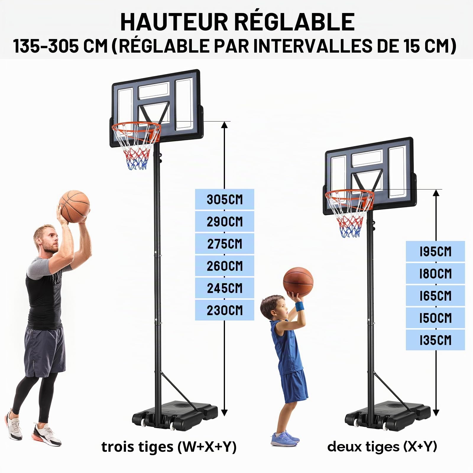 Panier de basket extérieur réglable 135-305 cm, panneau arrière 110x71 cm, convient pour adultes, adolescents et enfants, jardin, garage, intérieur