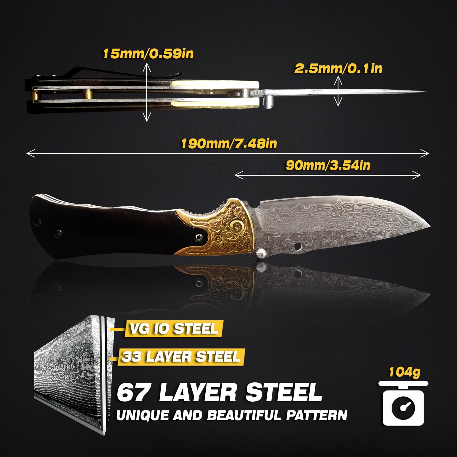 Damast Klappmesser, Handgeschmiedetes EDC Taschenmesser Aus 67-lagigem VG10 Stahl, Tragbares Outdoor Messer Für Camping, Wandern, Angeln Und Bushcraft