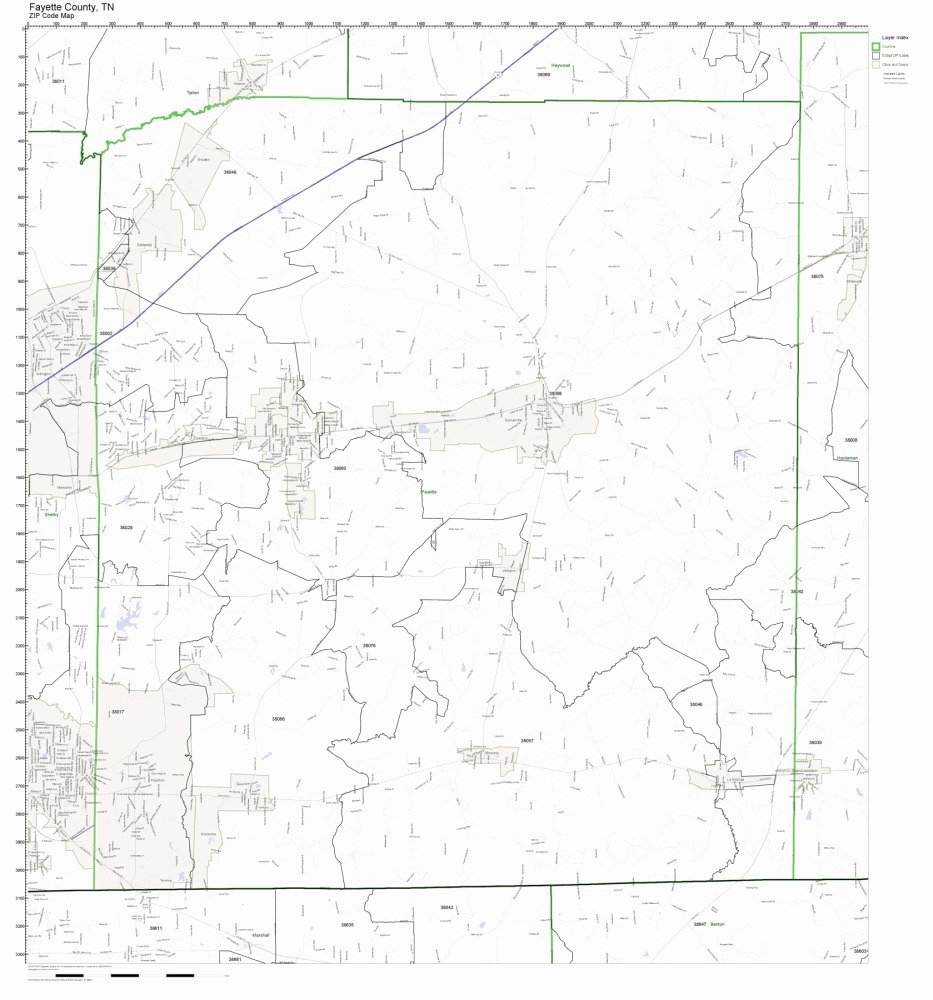 Fayette County, Tennessee TN ZIP Code Map Not Laminated
