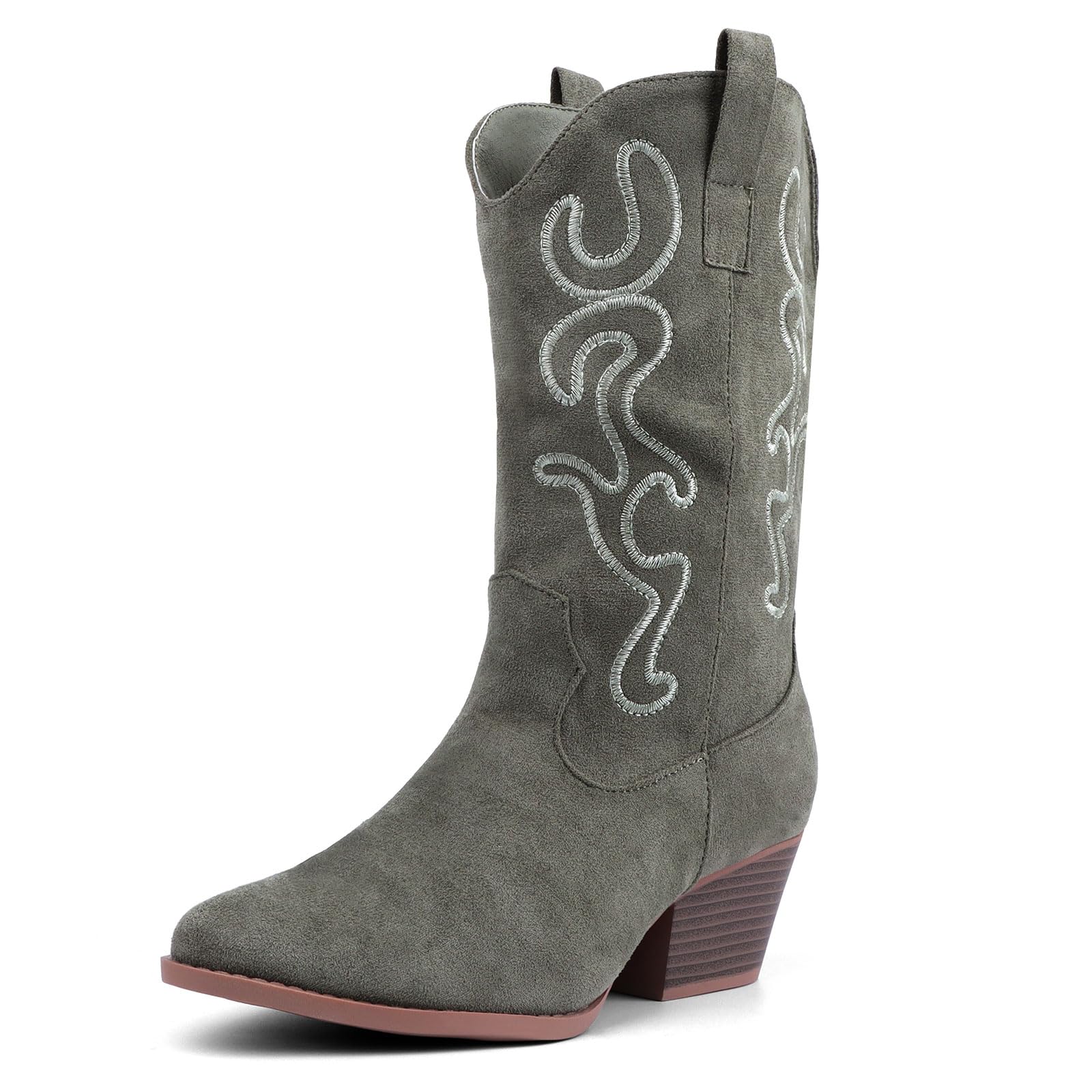 Bandkos Cowboy Boots for Women Cowgirl Mid Calf Western Embroidered Boot Low Chunky Block Heel Fashion Boots