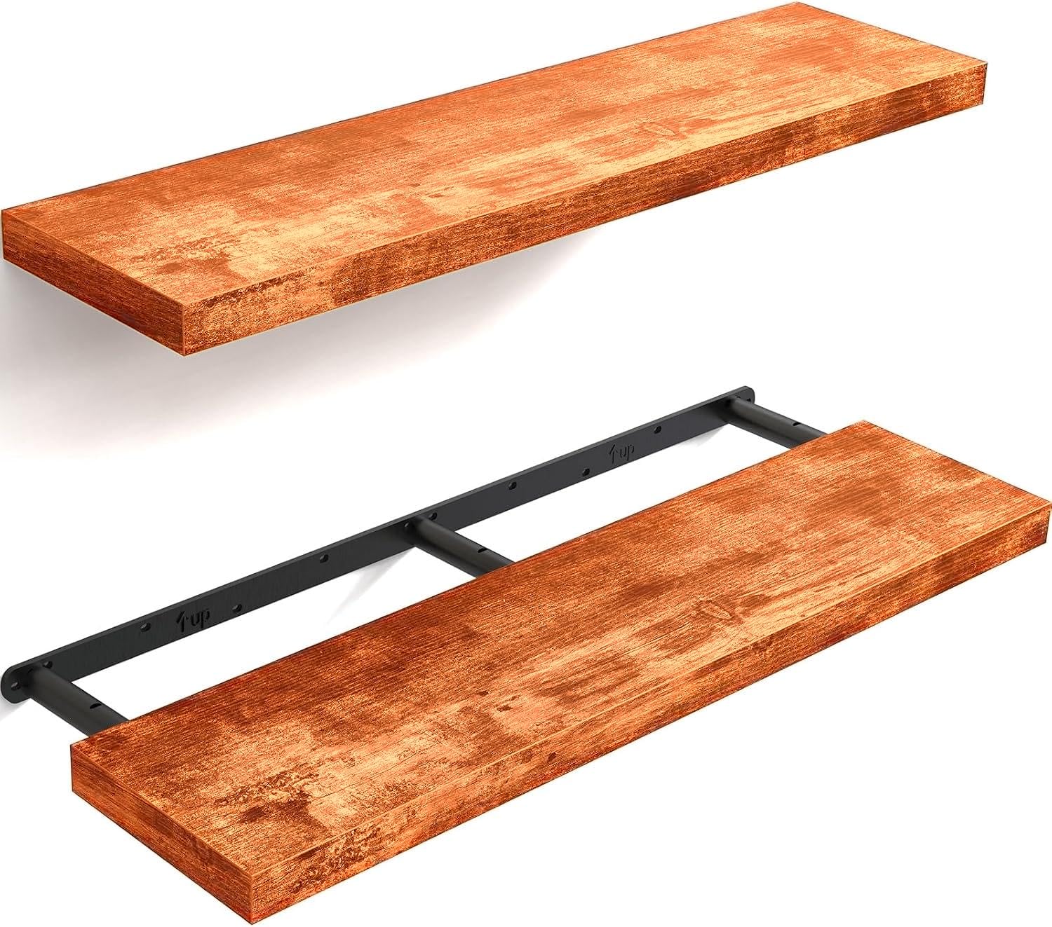 BAYKA Floating Shelves Orange-Brown, Wall Mounted Rustic Wood Shelves for Bathroom, Bedroom, Living Room, Kitchen, Office, Hanging Shelf for Books/Storage/Decor, 36 inch, Set of 2 D. Orange-brown - Americana Farmhouse Style 2 35.4inches