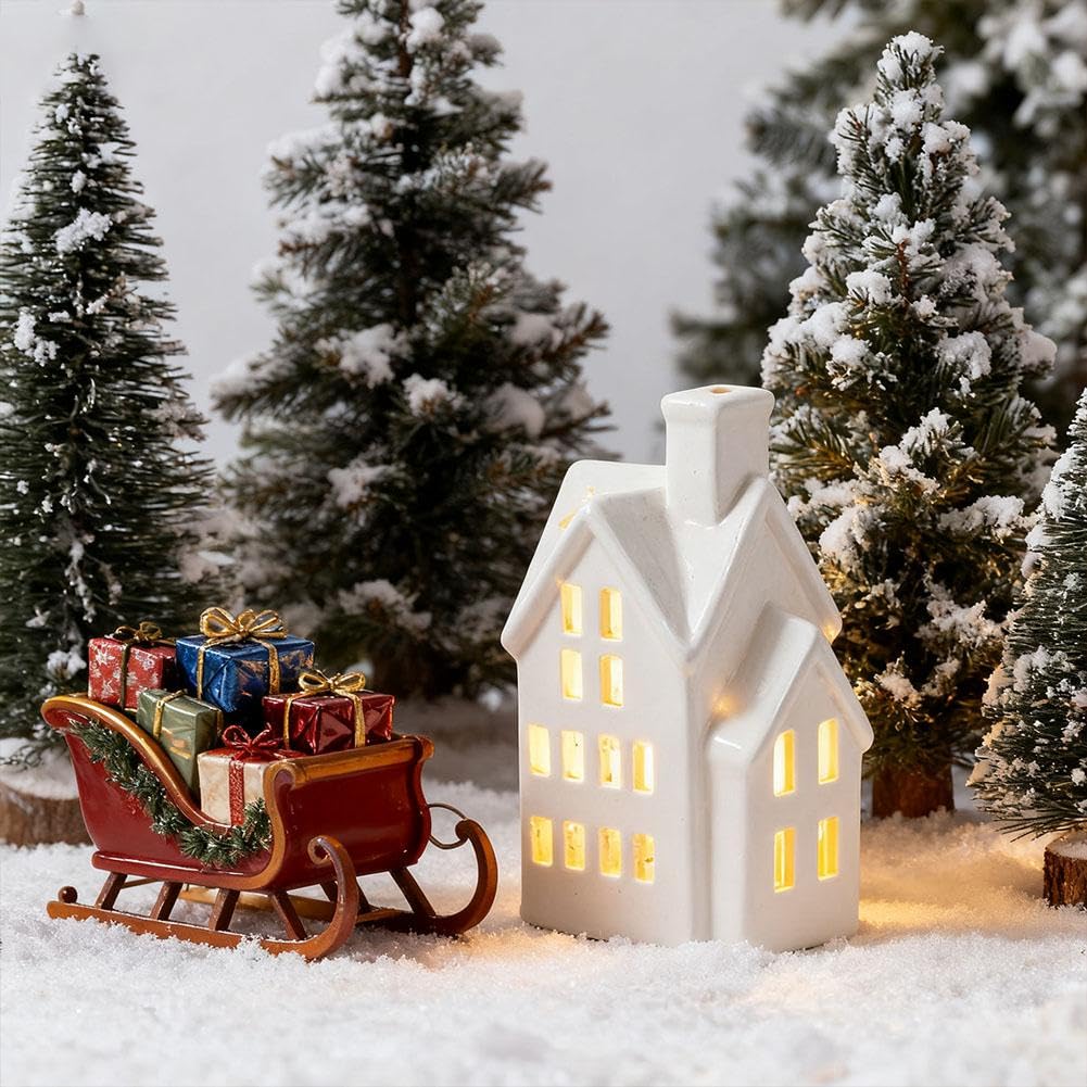 Maisons de village de Noël en céramique, petites figurines de village de Noël lumineuses, scène de neige, décoration de table pour bureau, cheminée de Noël, décoration de fête de Noël