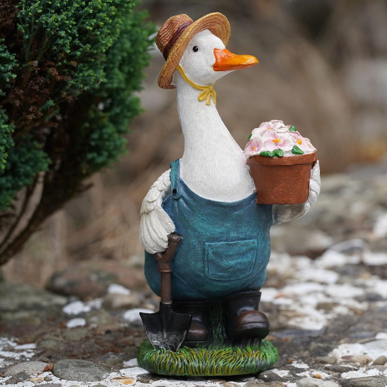 Burgess Home & Garden Hand Painted, White, Blue Madam Duck Resin Sculpture | Home Garden British Jemima Statue Outdoor Ornament Decoration Goose British Gift