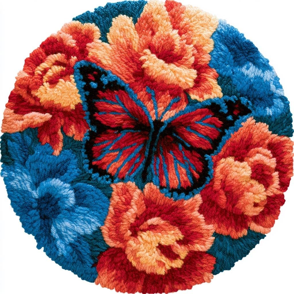 AMBATTERY Round Shape Latch Hook Kits Rug,Butterflies and Flowers