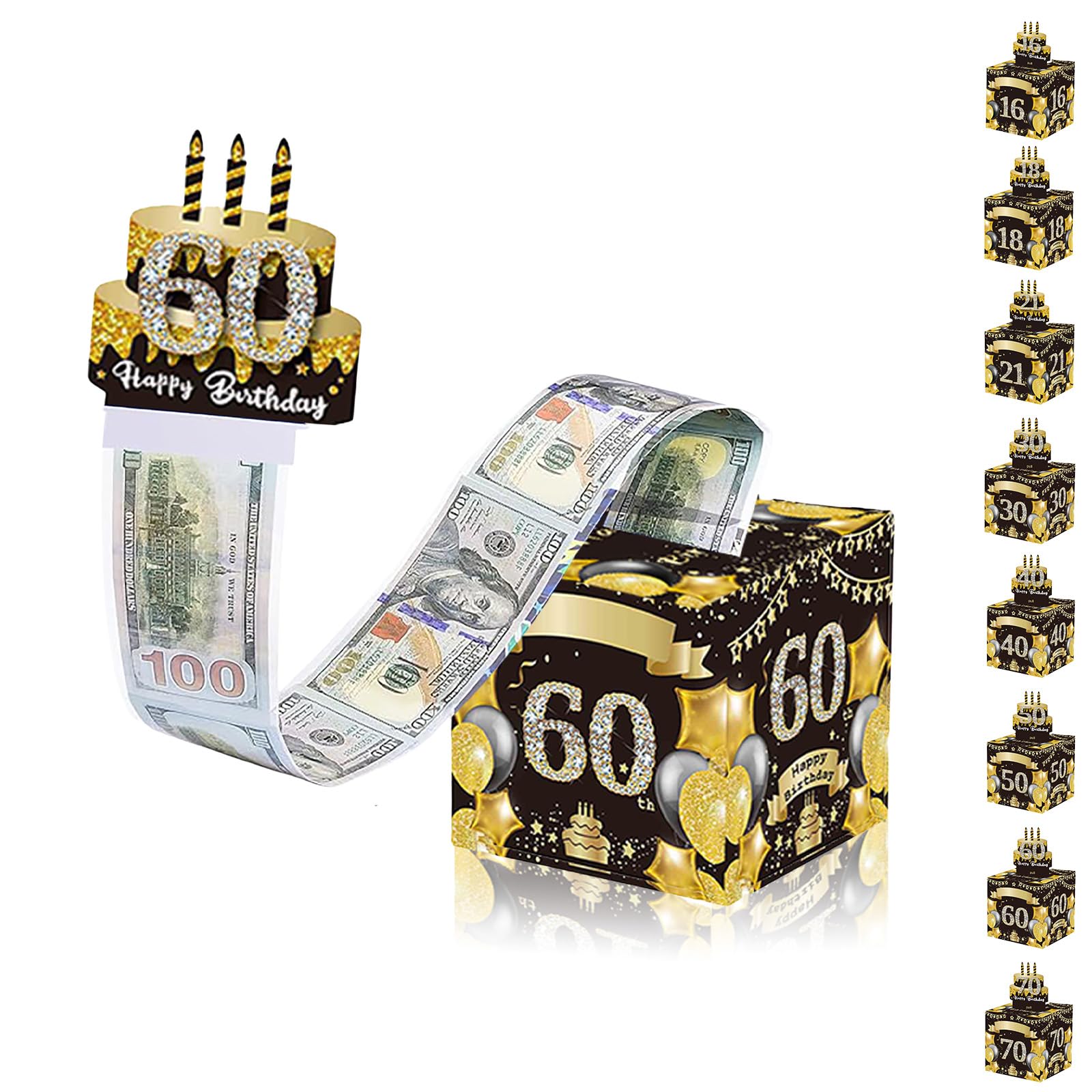 Black Gold Happy 60th Birthday Money Box for Cash Gift, Pull Surprise Money Gift Box for Women Men 60 Years Old Birthday Presents,Birthday Gift Money Box Money Presentation Box for Cash Gifts Birthday-image-6