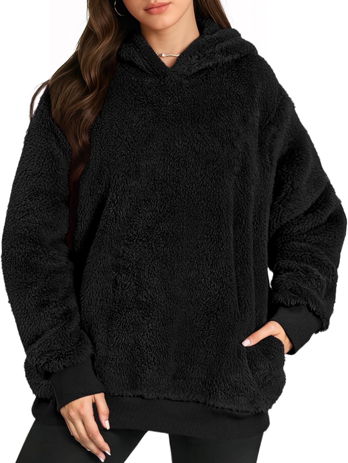 MANGOPOP Fleece Pullover for Women Oversized Sherpa Hoodie Cute Fuzzy Sweatshirt with Pockets Windproof Winter Outfits 2025