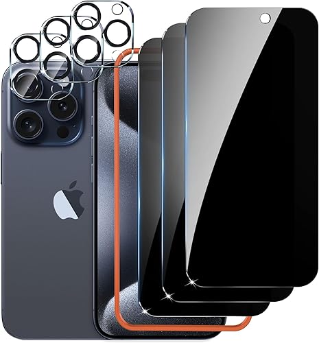 LYWHL Protector de pantalla de privacidad para iPhone 15 Pro Max, paquete de 3 accesorios antiespía de vidrio templado con 3 protectores de lente de