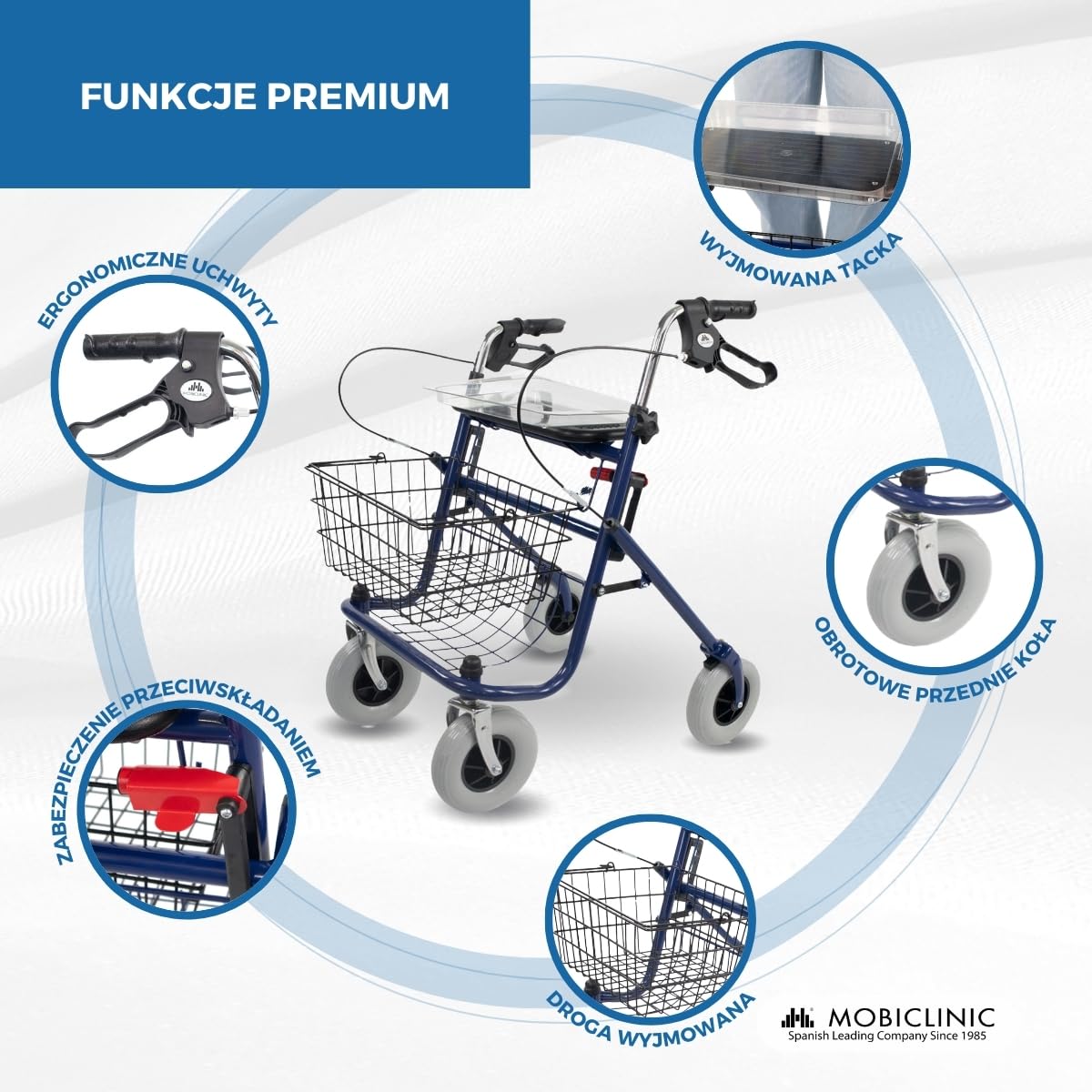 Mobiclinic, Rollator dla seniorów, Victoria, Składany, Aluminium, Regulacją wysokości, Wyściełanym siedziskiem i oparciem, Hamulce z dźwigniami, Taca kosz, Starszych, 4 kółka, Lekki