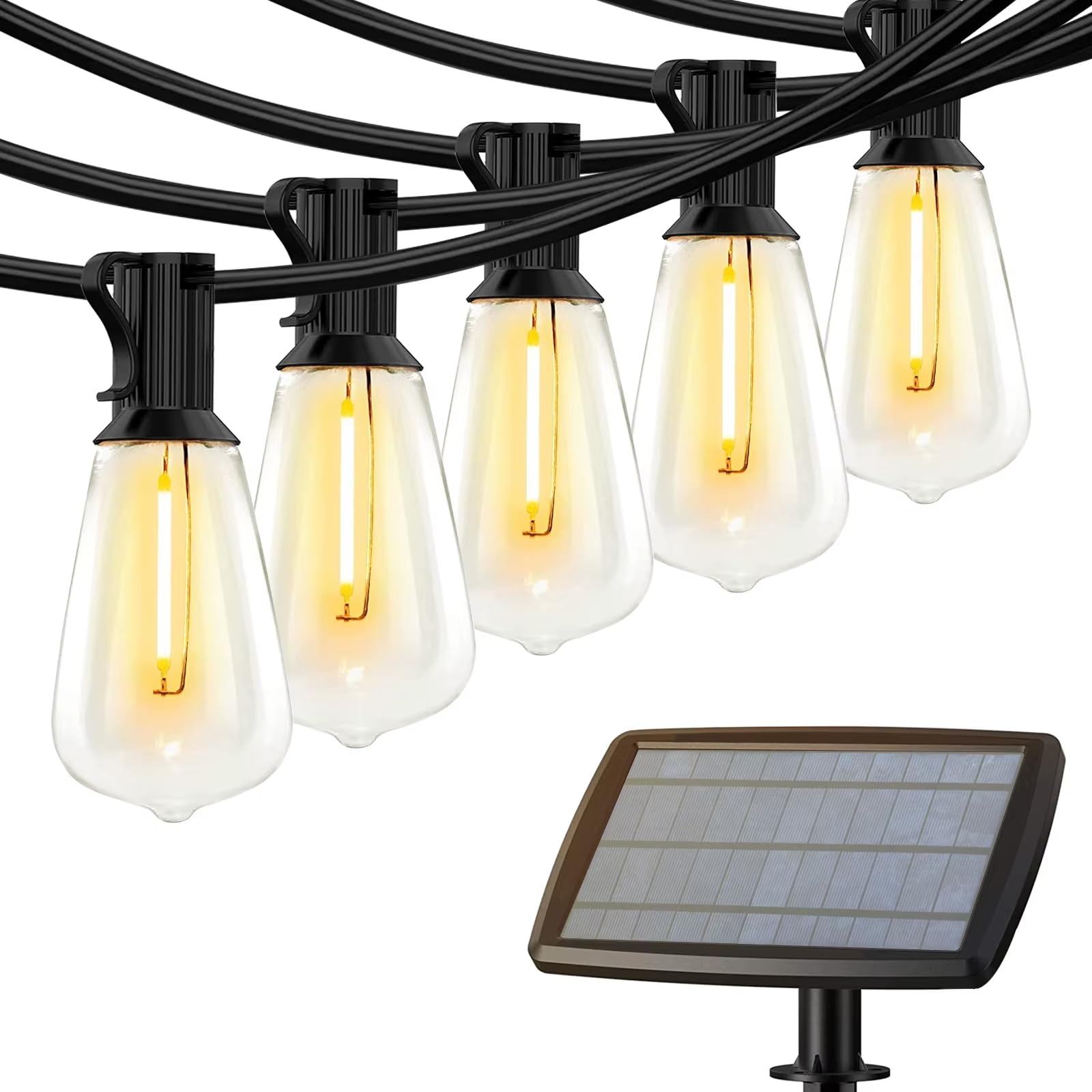 Solarna girlanda zewnętrzna, bardzo jasne USB 15 m, 50 żarówek ST38, 4 tryby ciepłej bieli 2700 K, wodoodporna do ogrodu, na taras, podwórko, kawiarnię, patio, do dekoracji imprez