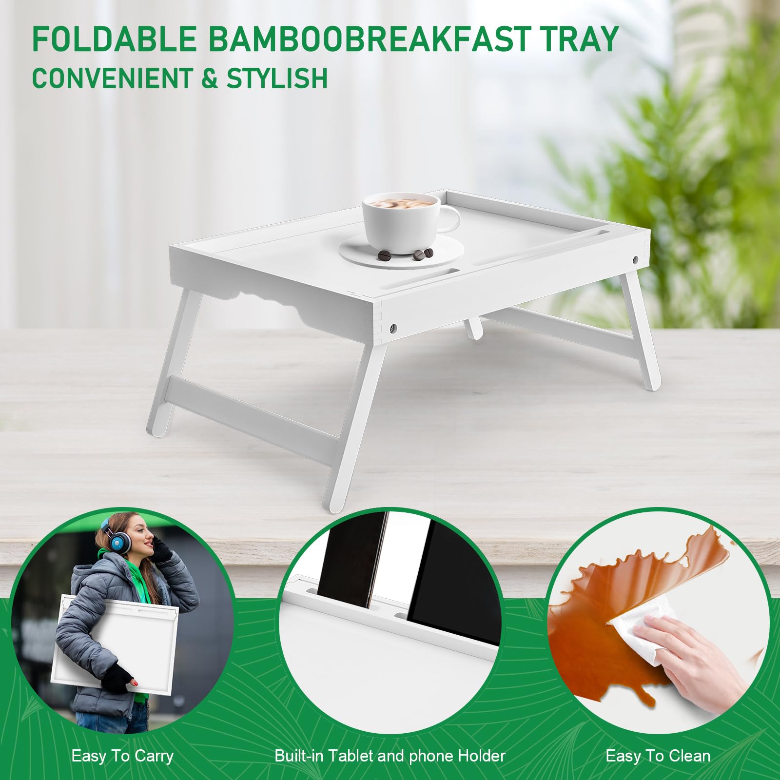 Artmeer Bandeja de cama con asas, patas plegables, bandeja de desayuno de bambú con soporte para teléfono y tableta,escritorio de regazo