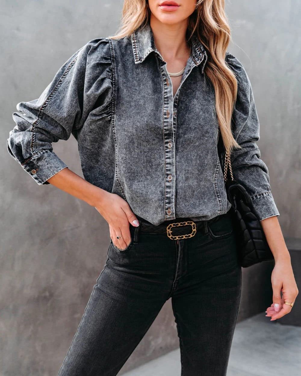 MIDJ Elegantes Lässiges Langarm-Top,Damenmode Vintage Puffärmel Jeansblusen Hemd Langarm Lässige Knopfhemdjacke Schwarze Reversblusen Tunika Leichtes Jeans-Sweatshirt Für Mädchen