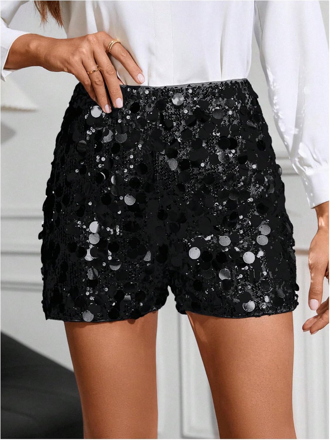 Floerns Women's Contrast Sequin Elastic Waist Sparkly Party Mini Shorts - Image 3