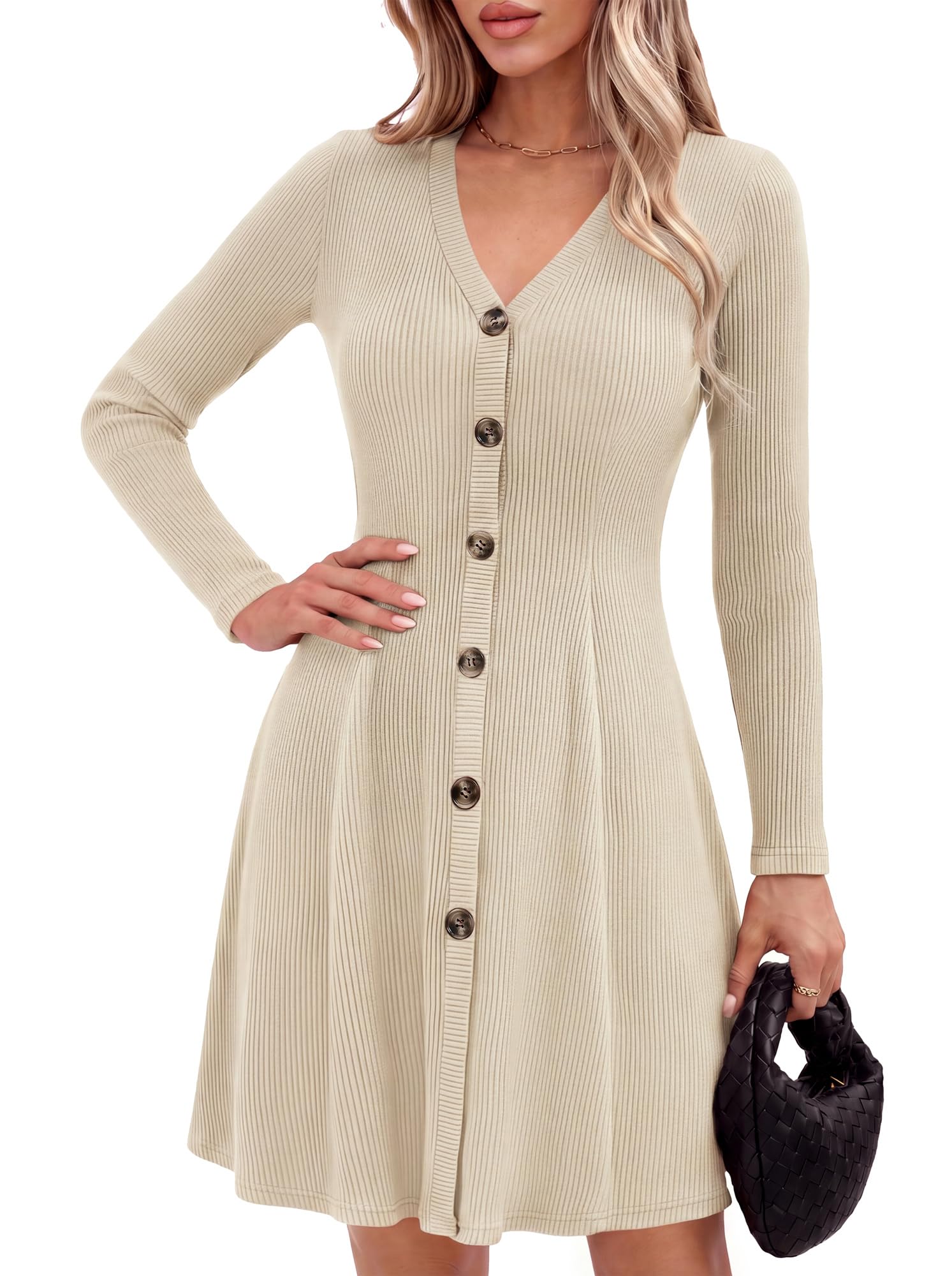 GRACE KARIN Damen Elegant V-Ausschnitt Herbst Winter Freizeitkleider Langarm Strick Minikleid