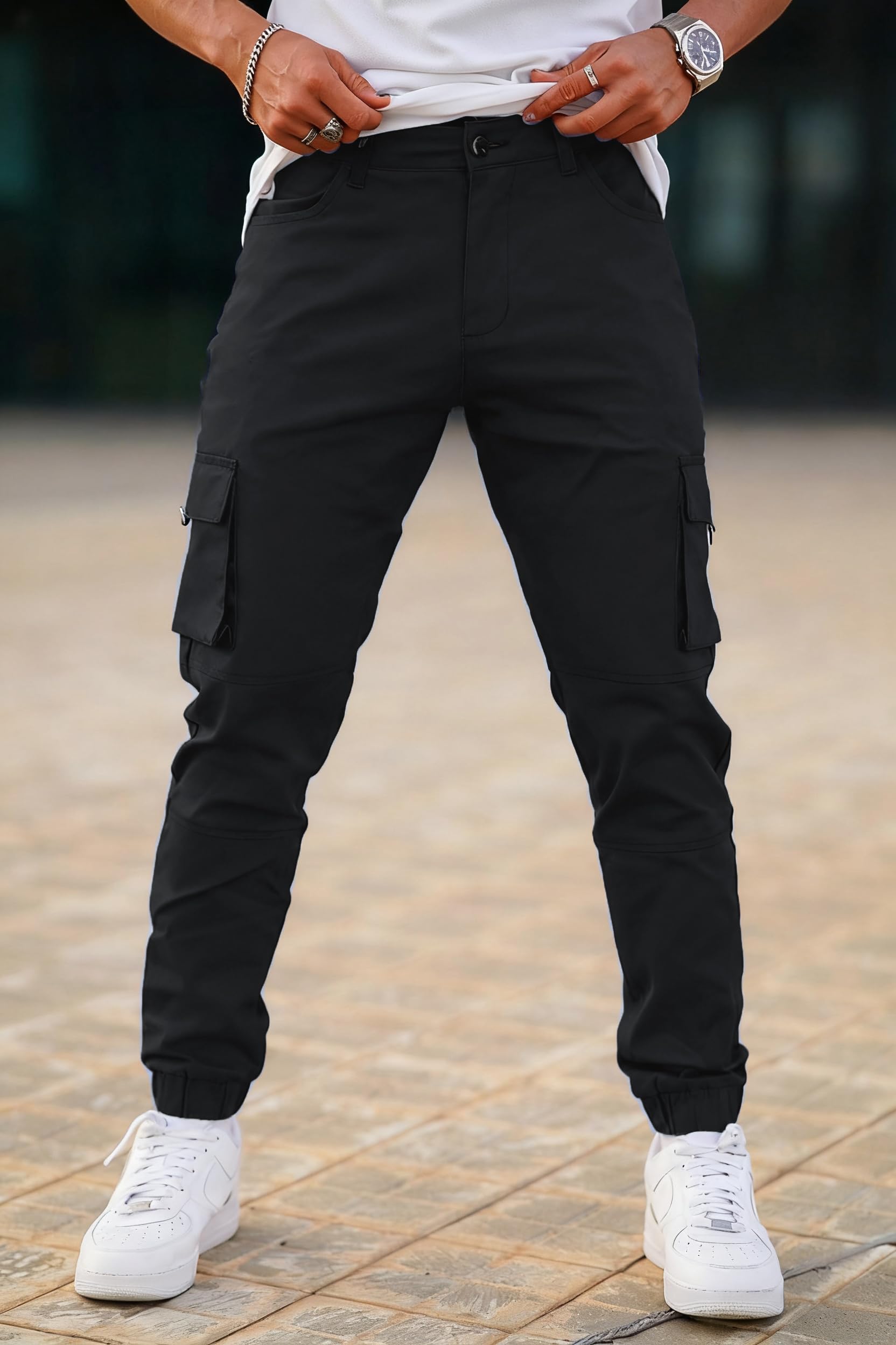 GINGTTO Mens Cargo Jogger Pants Slim Fit Stretch Zipper Pockets Thick Cotton Pants for Men