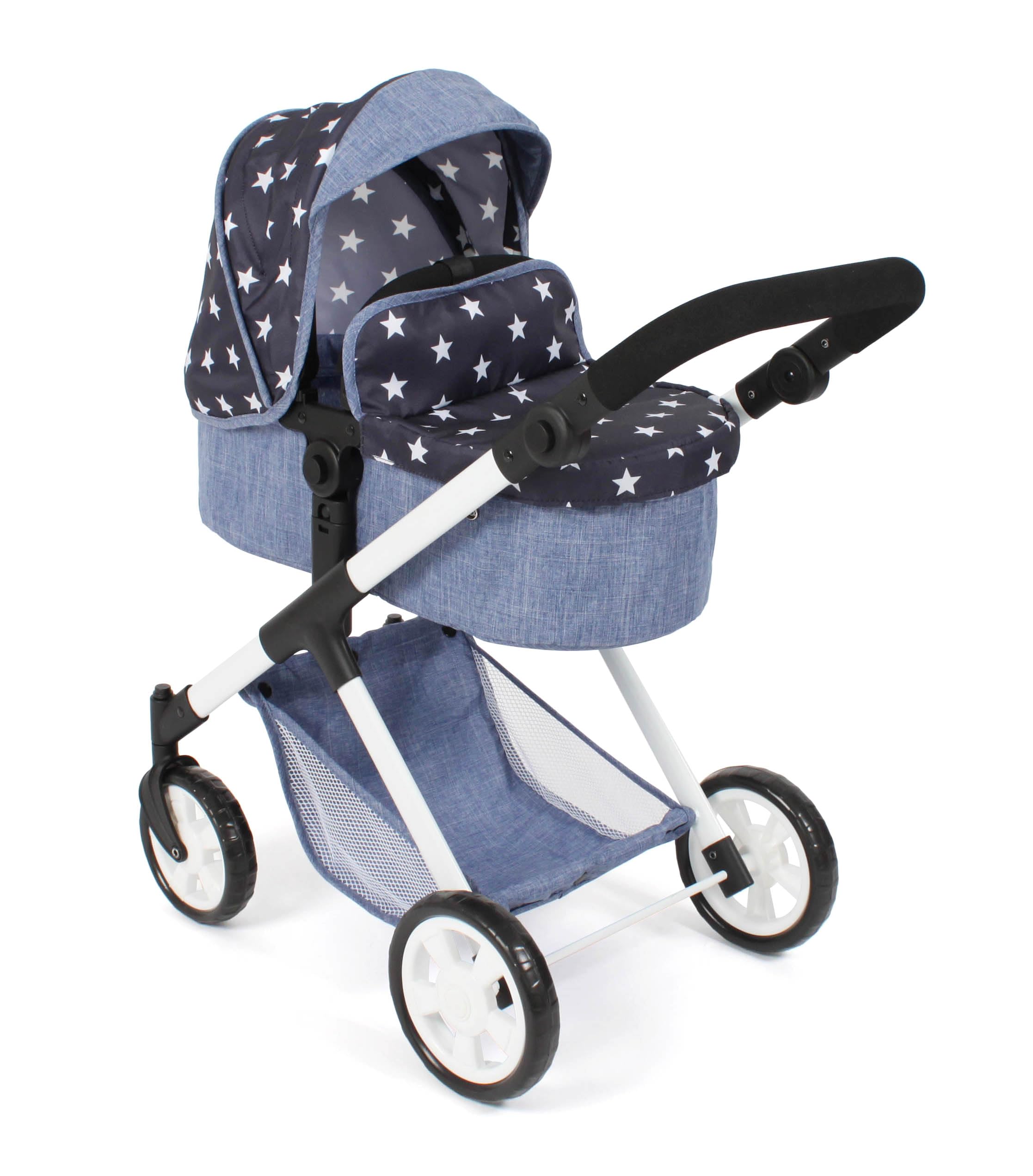 Bayer Chic 2000 2 w 1 wózek dla lalek Mila – gwiazdka granatowa – uchwyt z regulacją wysokości 39-72 cm – nowoczesny stelaż – lalki do 50 cm – 3-7 J.
