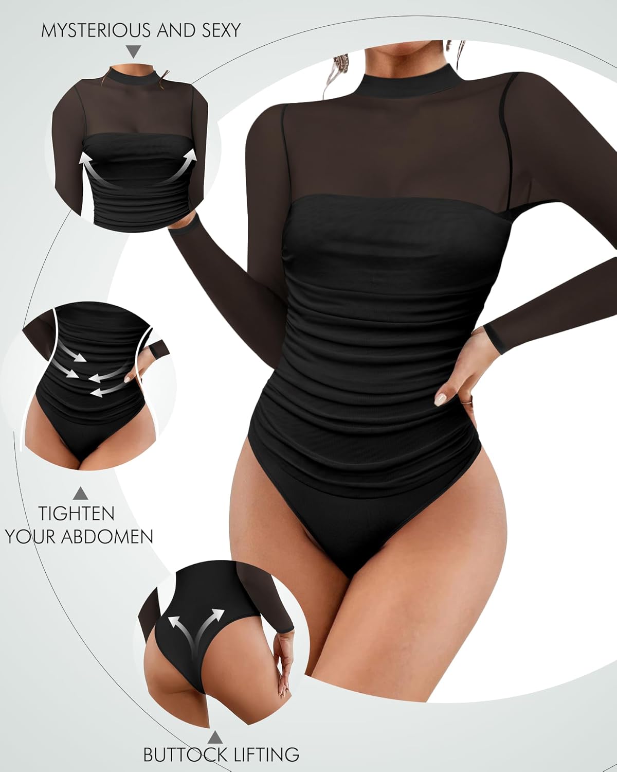 Women's Sexy Bodysuit for Outfits: Mock Turtle Neck Long Sleeve Body Suit - Mesh Sheer Ruched Going Out Bodysuits - Image 2