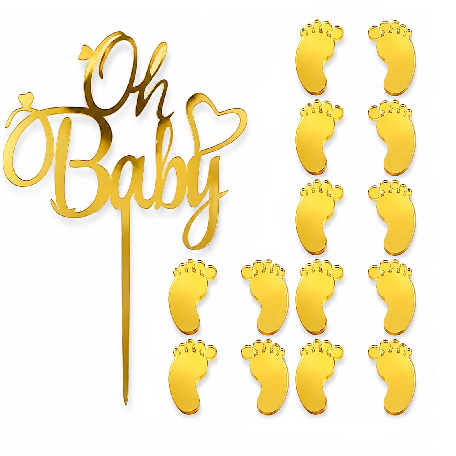 15pcsGold Baby Shower Cake Decorations Footprints Party Cake Decor
