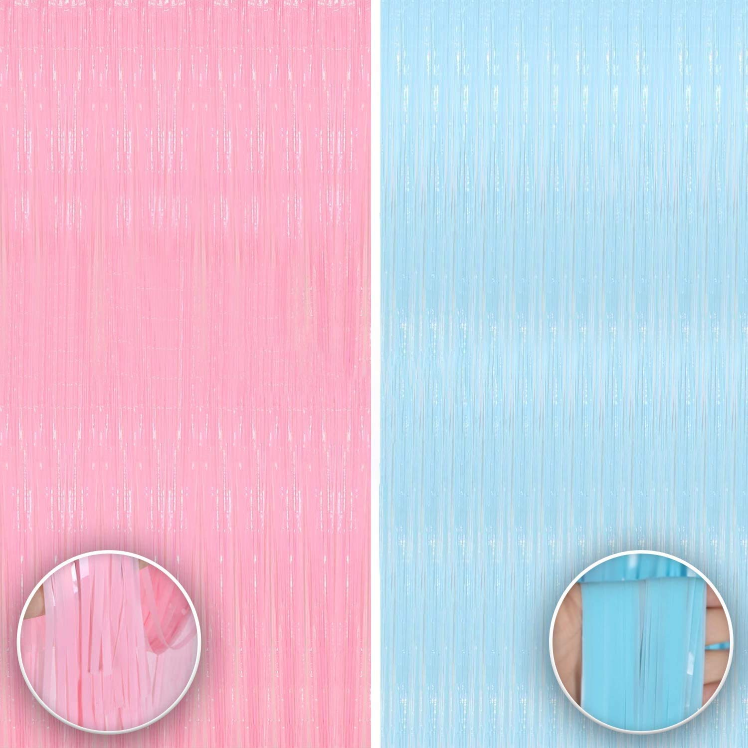 KatchOn Pastel Blue and Pink Foil Fringe Curtain - XtraLarge, 3.2x10 Feet - Pack of 1 | Pastel Blue and Pink Fringe Backdrop For Gender Reveal Decorations | Blue, Pink Tinsel Streamer for Birthday