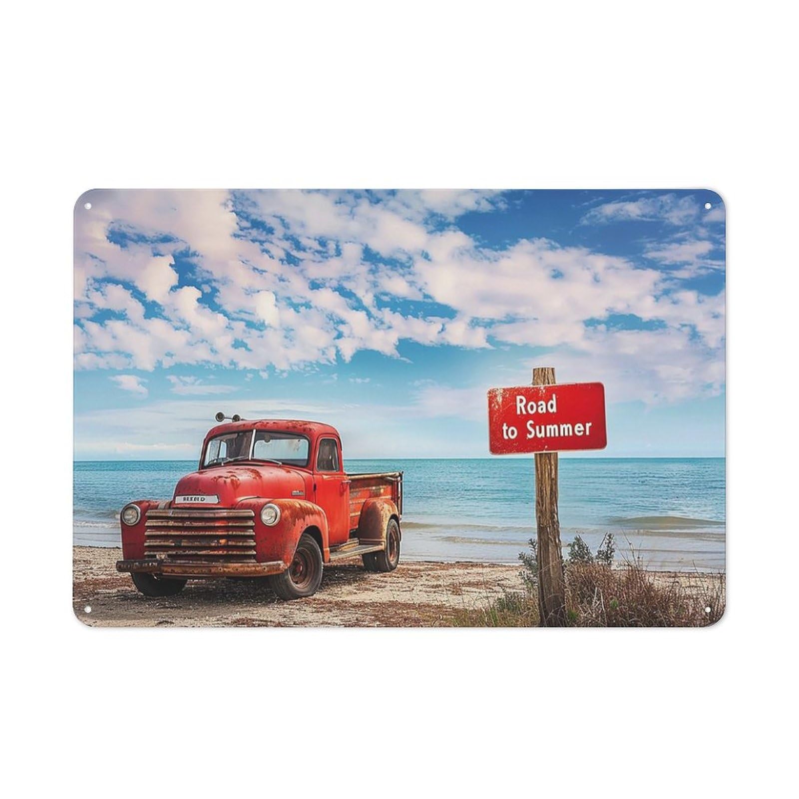ACDOET Rustic Metal Tin Sign Coastal Wall Art, Beach Wall Art For Living Room Wall Decor, Ocean Wall Art Old Truck On The Beach, Red Truck Beach Pictures Wall Art For Bedroom 8x12 Inch