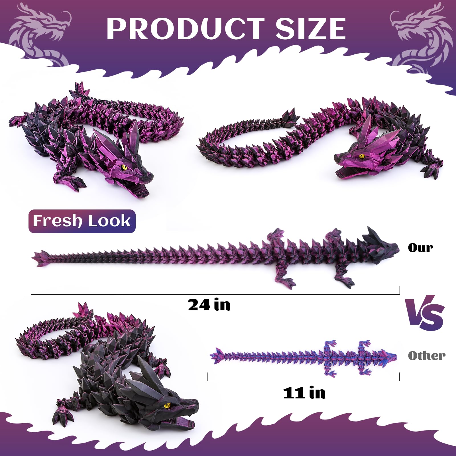 3D Printed Dragon Toys with Eyes, 24 inches Dazzling Gradient Crystal Wyrm, Bendable and Flexible Big Fidget - Image 3