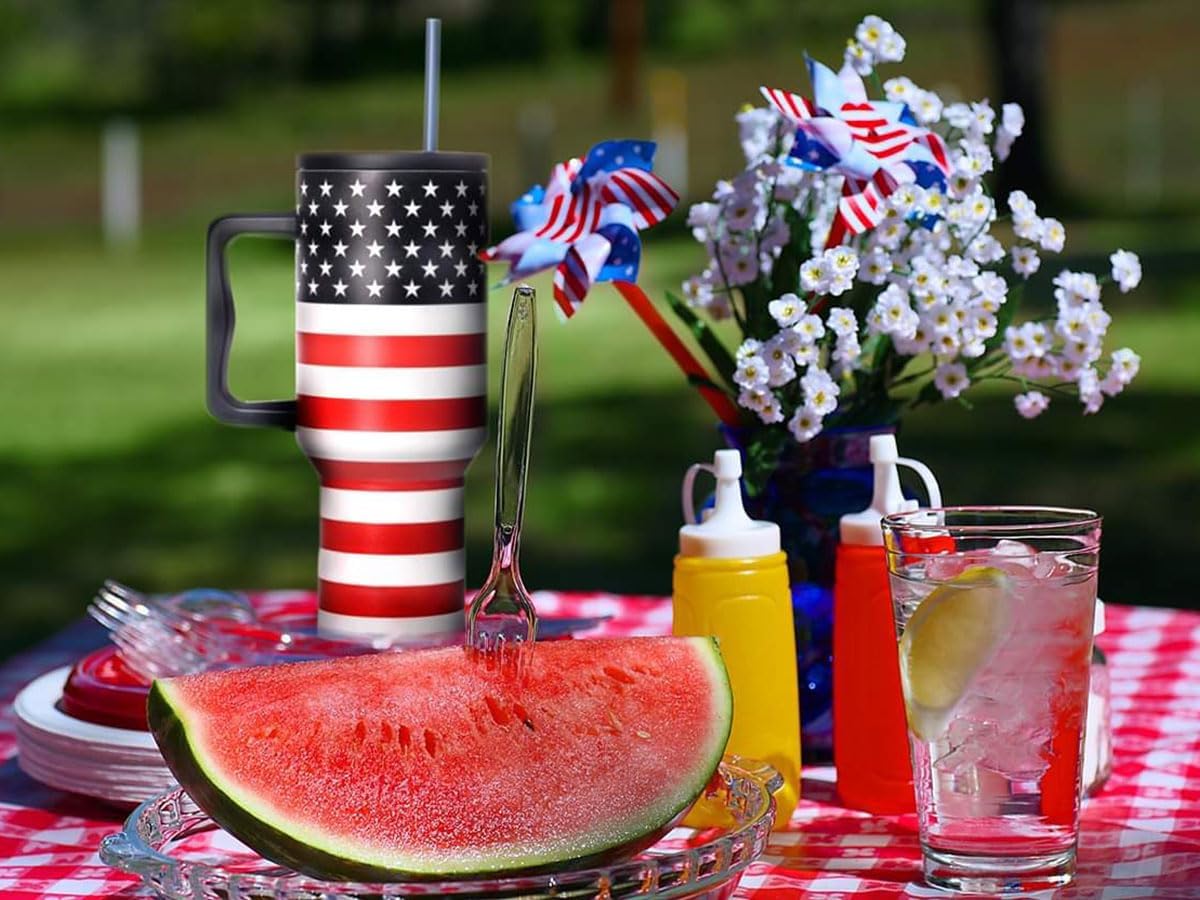 Purusha's Picks Tumbler with Lid and Straw, 40oz Stainless Steel Insulated American Flag Tumblers with Handle, 4th of July - Image 6