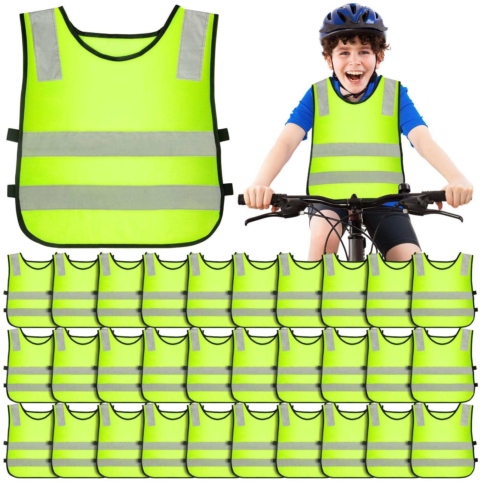 Kinder Warnweste Reflektierend, 30er Pack Sicherheitswesten, Neon Gelb mit Reflexstreifen, Leichte Warnwesten für Schule, Kindergarten, Verkehrssicherheit, Ausflug & Gruppenaktivitäten