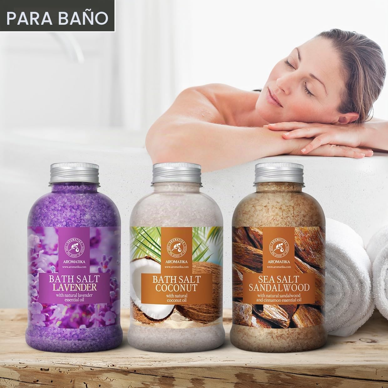 Sales Marinas de Baño Set Lavanda & Coco & Sándalo 3х600g - Sal Marina con Aceite esencial de Lavanda - con Aceite de Coco Natural - Aceite de Sándalo y Canela - Cuidado del Cuerpo - Aromaterapia
